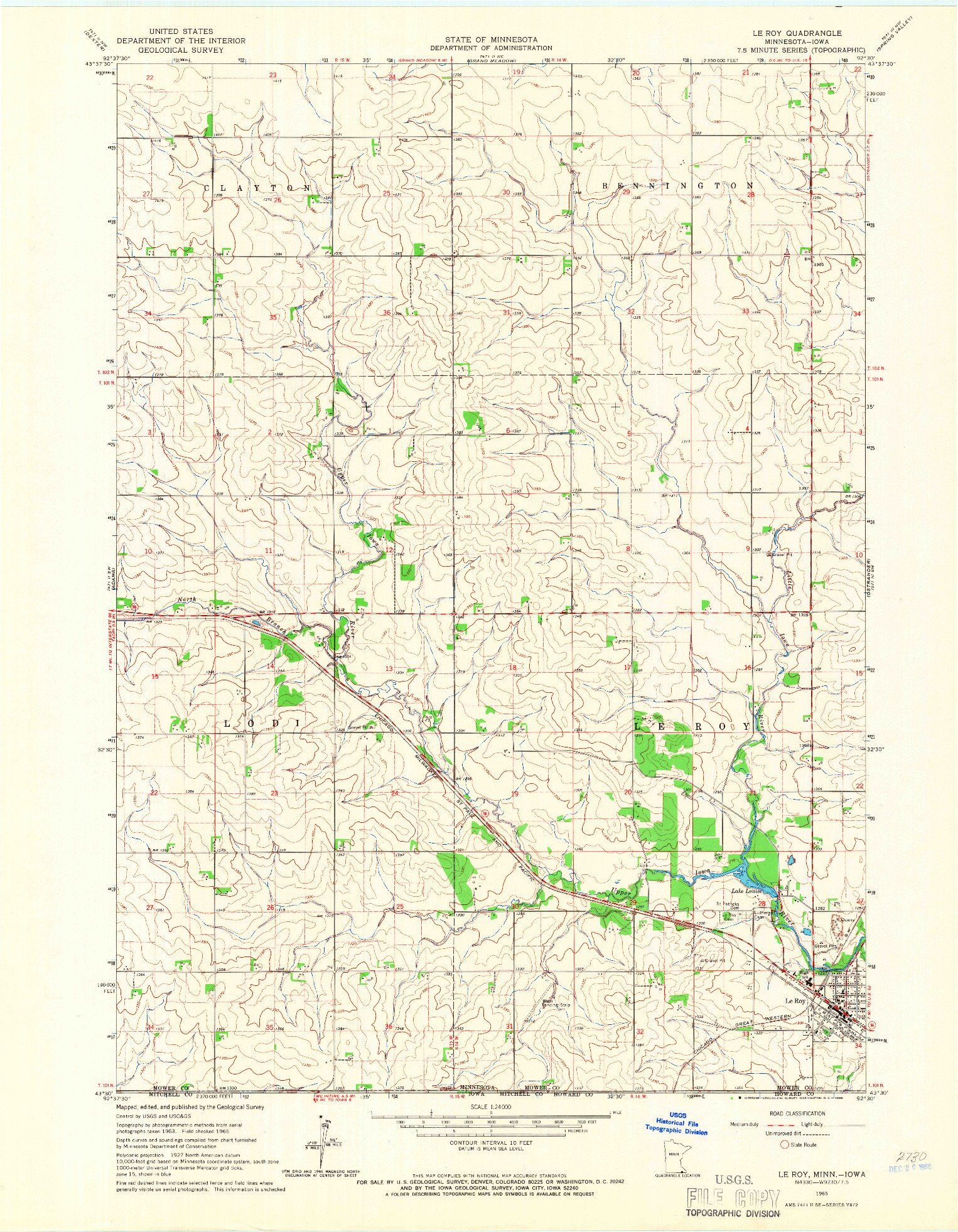 USGS 1:24000-SCALE QUADRANGLE FOR LE ROY, MN 1965