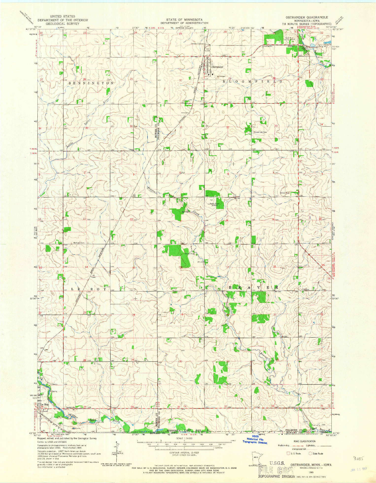 USGS 1:24000-SCALE QUADRANGLE FOR OSTRANDER, MN 1965