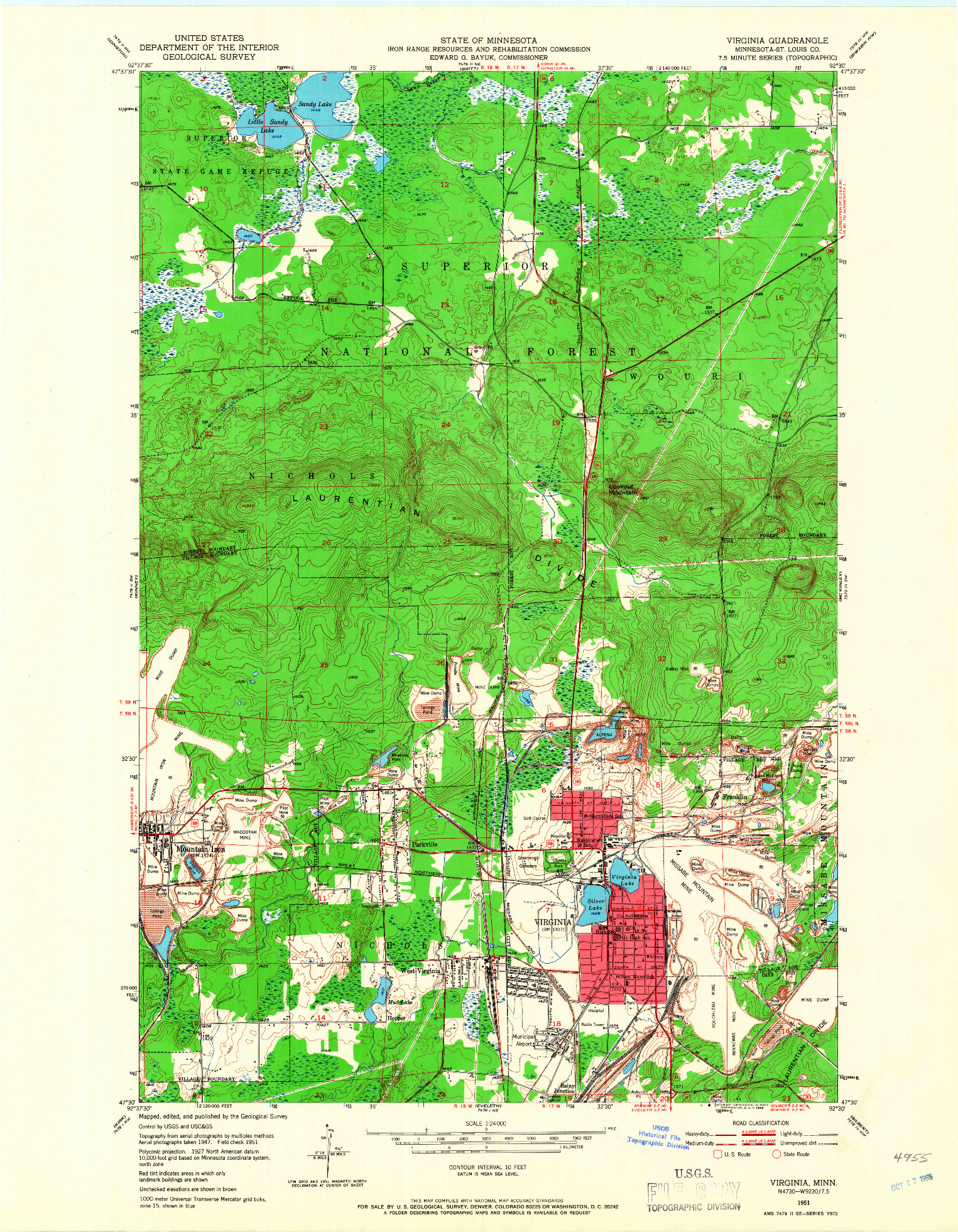 USGS 1:24000-SCALE QUADRANGLE FOR VIRGINIA, MN 1951