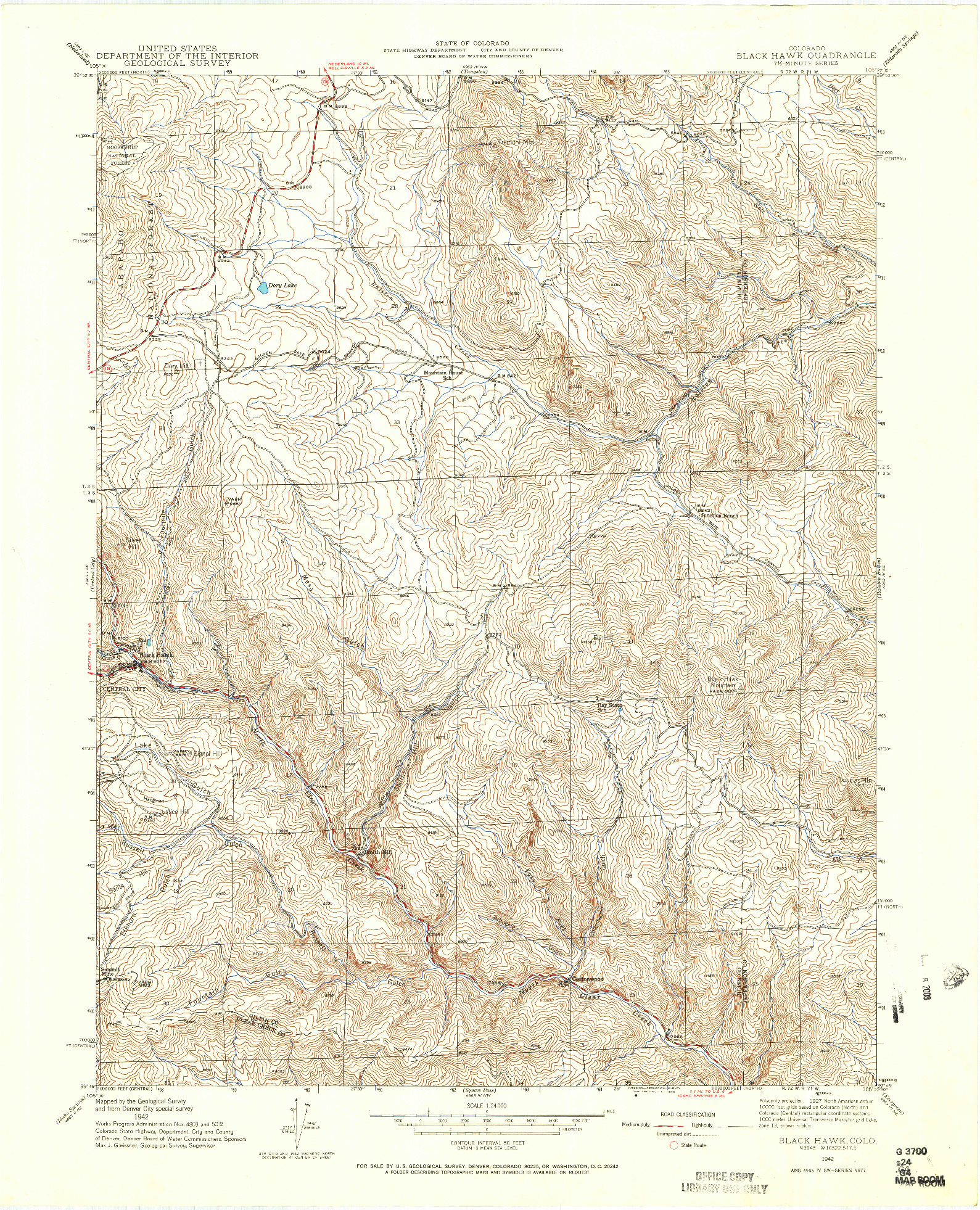 USGS 1:24000-SCALE QUADRANGLE FOR BLACK HAWK, CO 1942