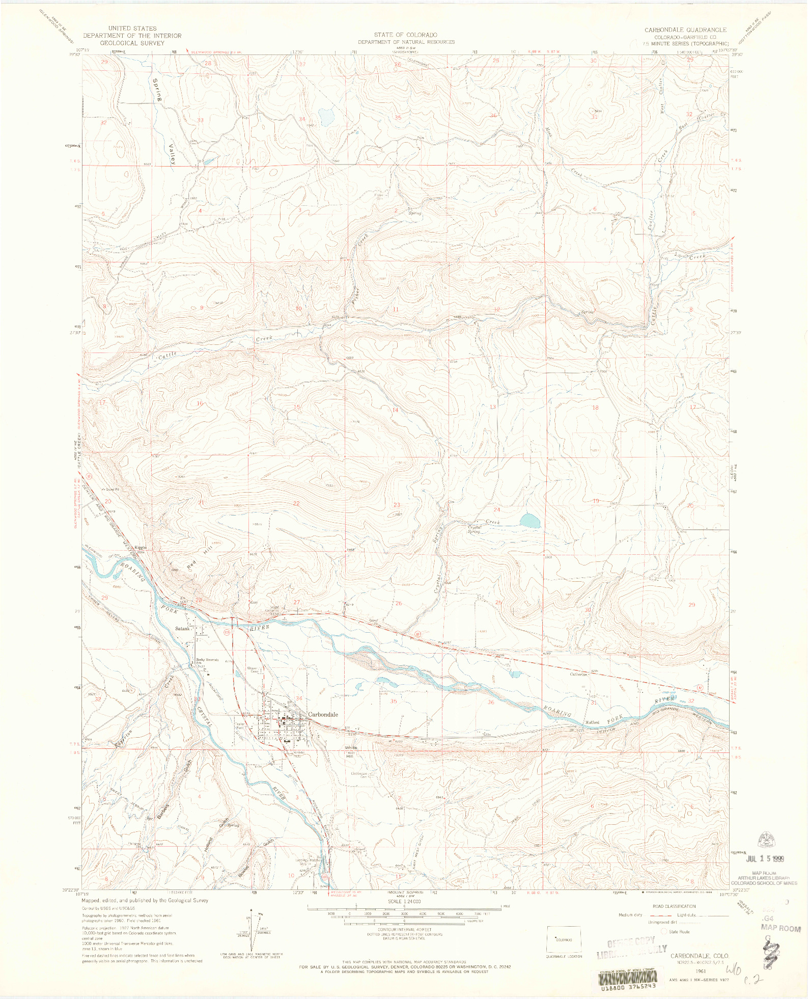 USGS 1:24000-SCALE QUADRANGLE FOR CARBONDALE, CO 1961