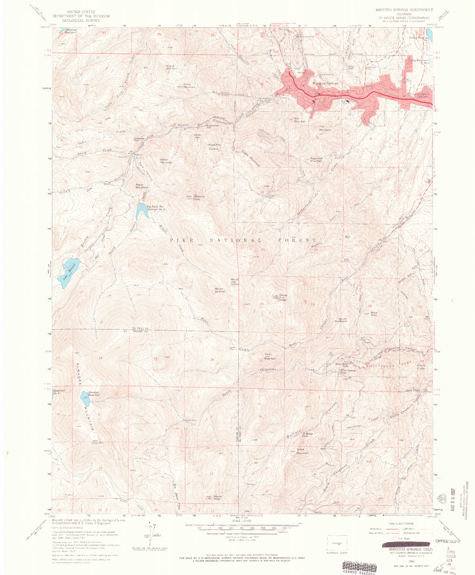 USGS 1:24000-SCALE QUADRANGLE FOR MANITOU SPRINGS, CO 1961