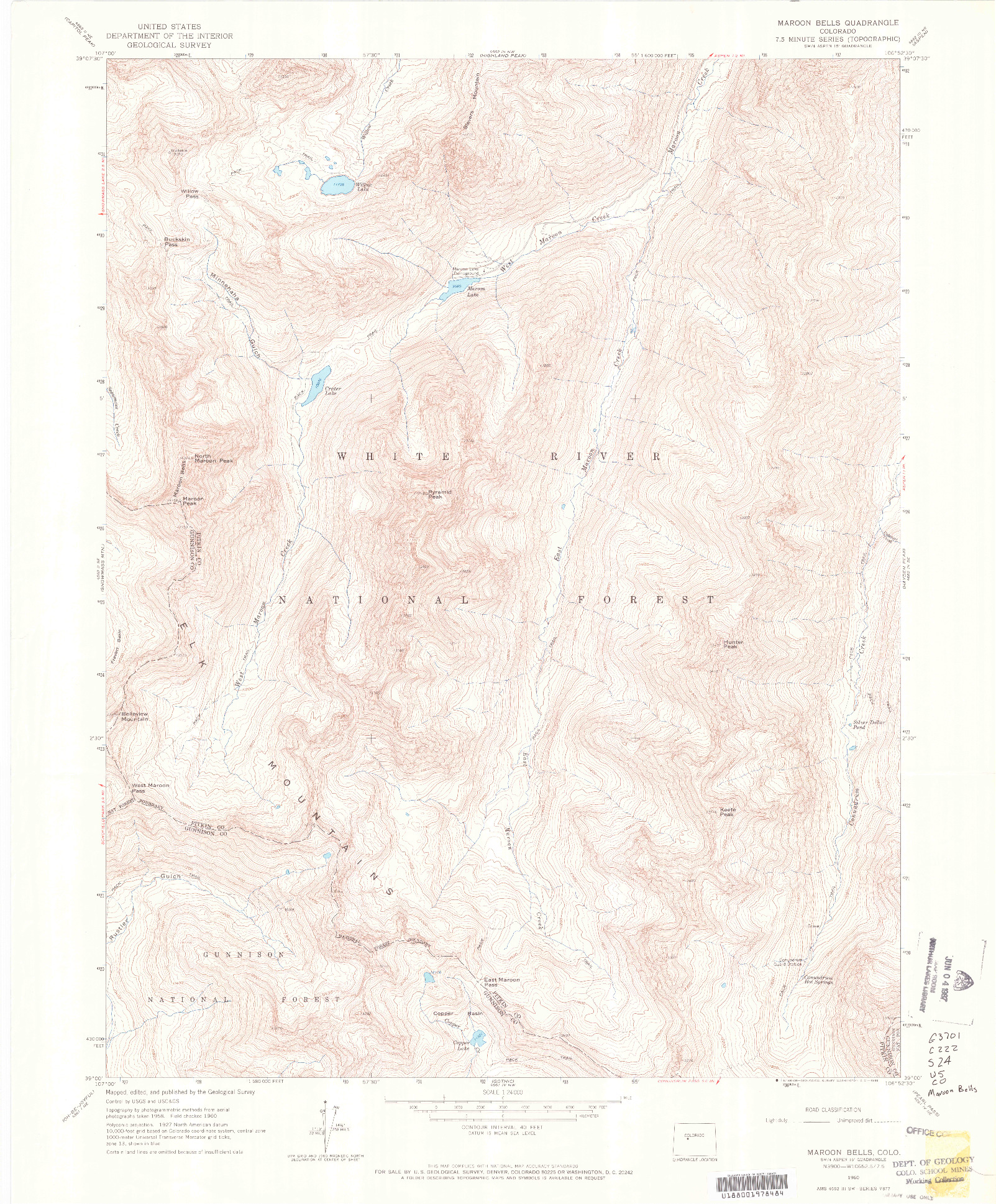USGS 1:24000-SCALE QUADRANGLE FOR MAROON BELLS, CO 1960