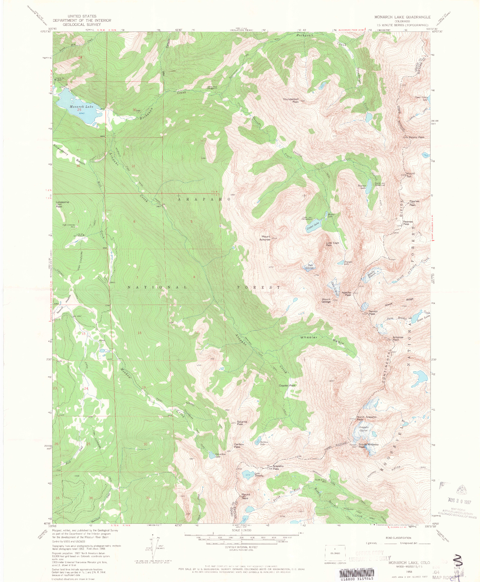 USGS 1:24000-SCALE QUADRANGLE FOR MONARCH LAKE, CO 1958