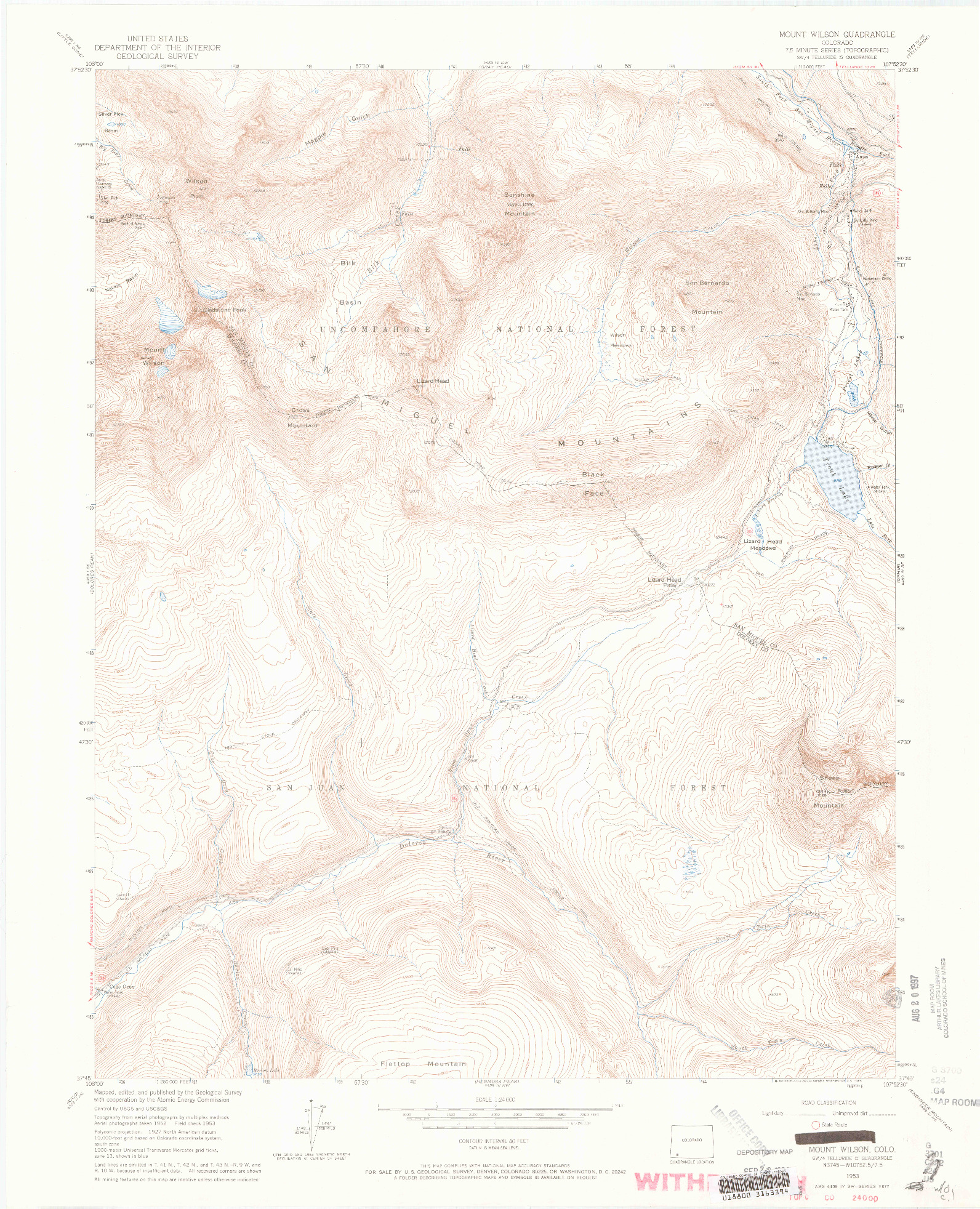 USGS 1:24000-SCALE QUADRANGLE FOR MOUNT WILSON, CO 1953