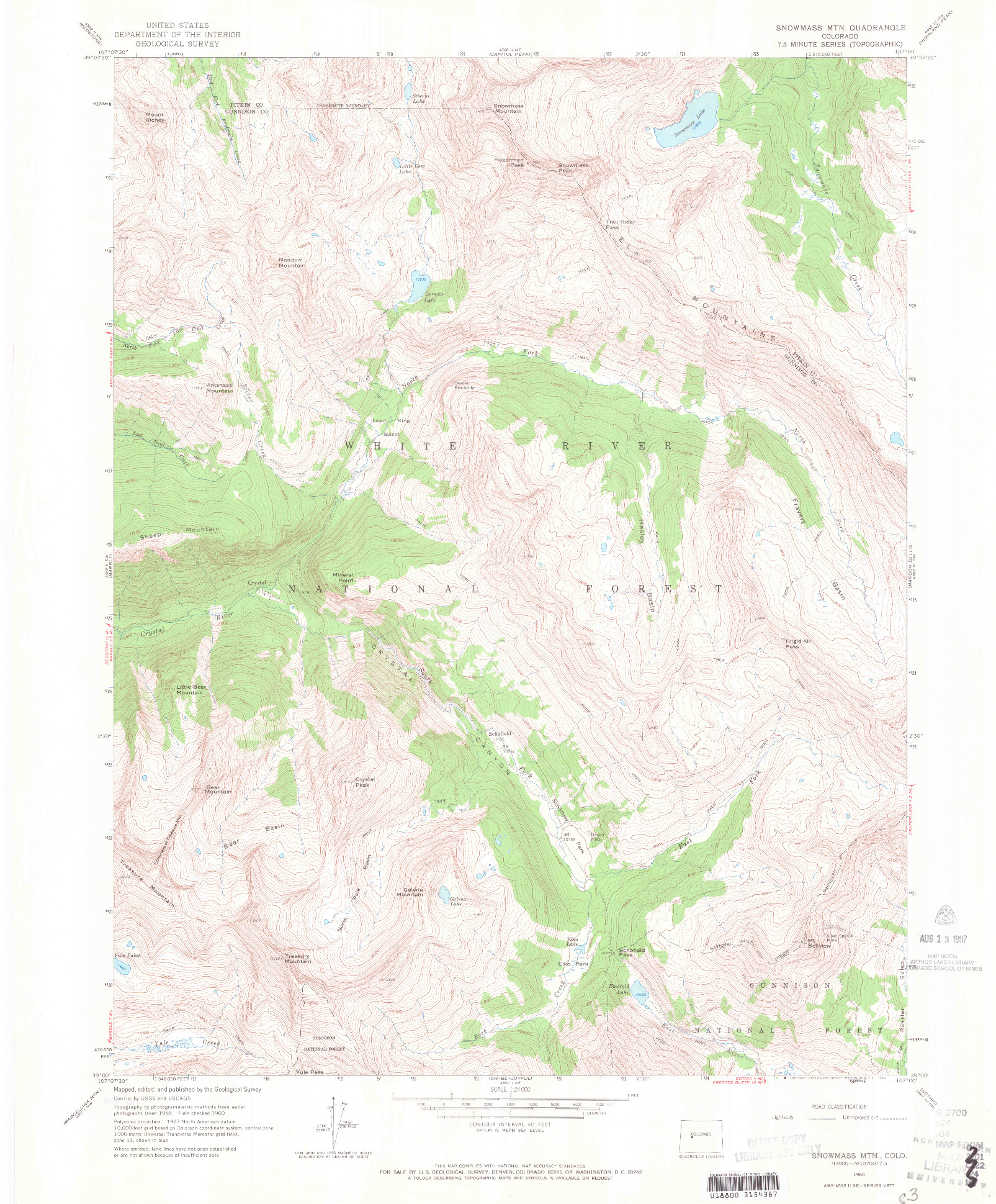USGS 1:24000-SCALE QUADRANGLE FOR SNOWMASS MOUNTAIN, CO 1960