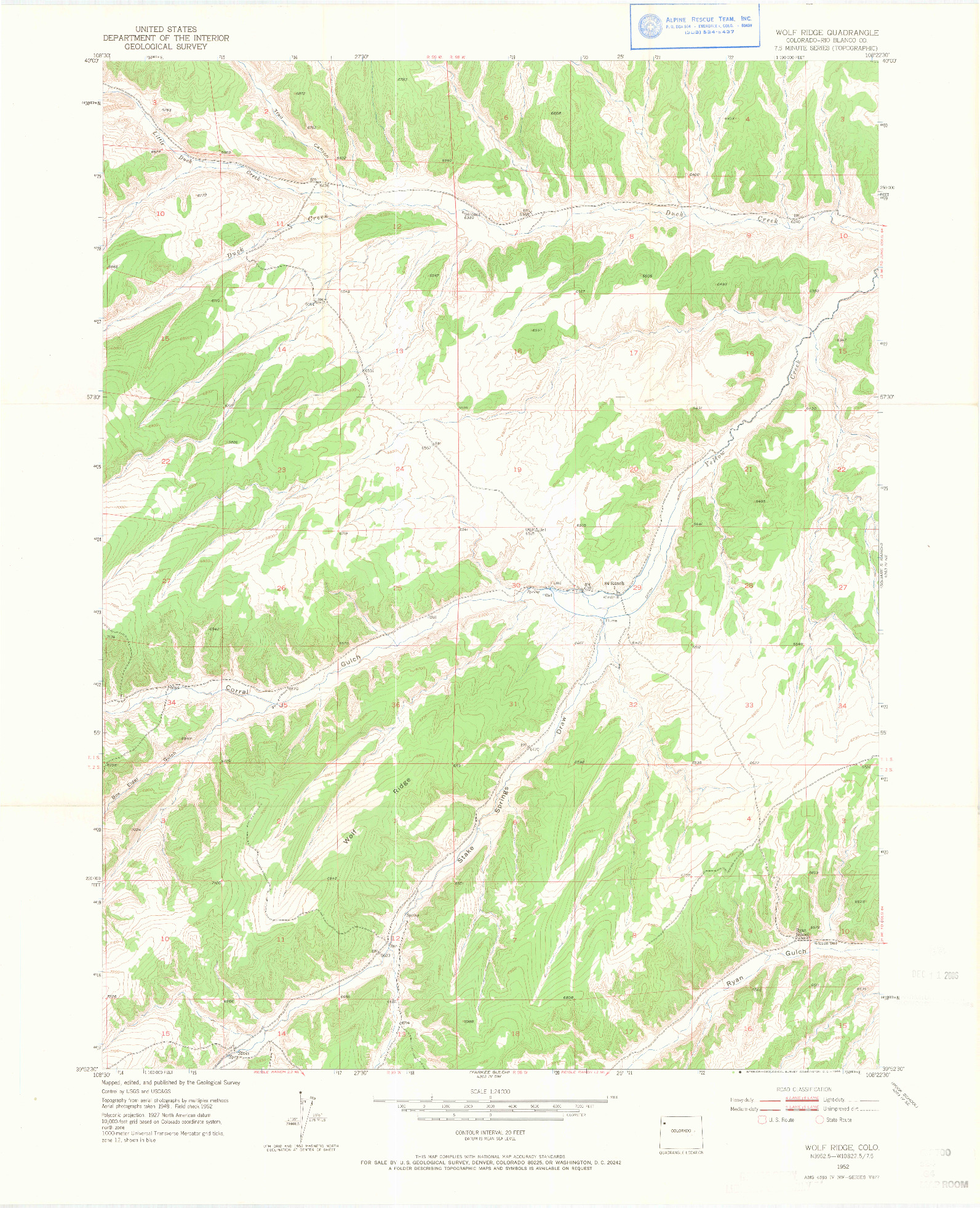 USGS 1:24000-SCALE QUADRANGLE FOR WOLF RIDGE, CO 1952