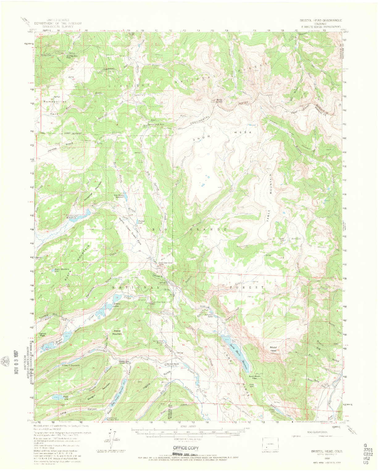 USGS 1:62500-SCALE QUADRANGLE FOR BRISTOL HEAD, CO 1959