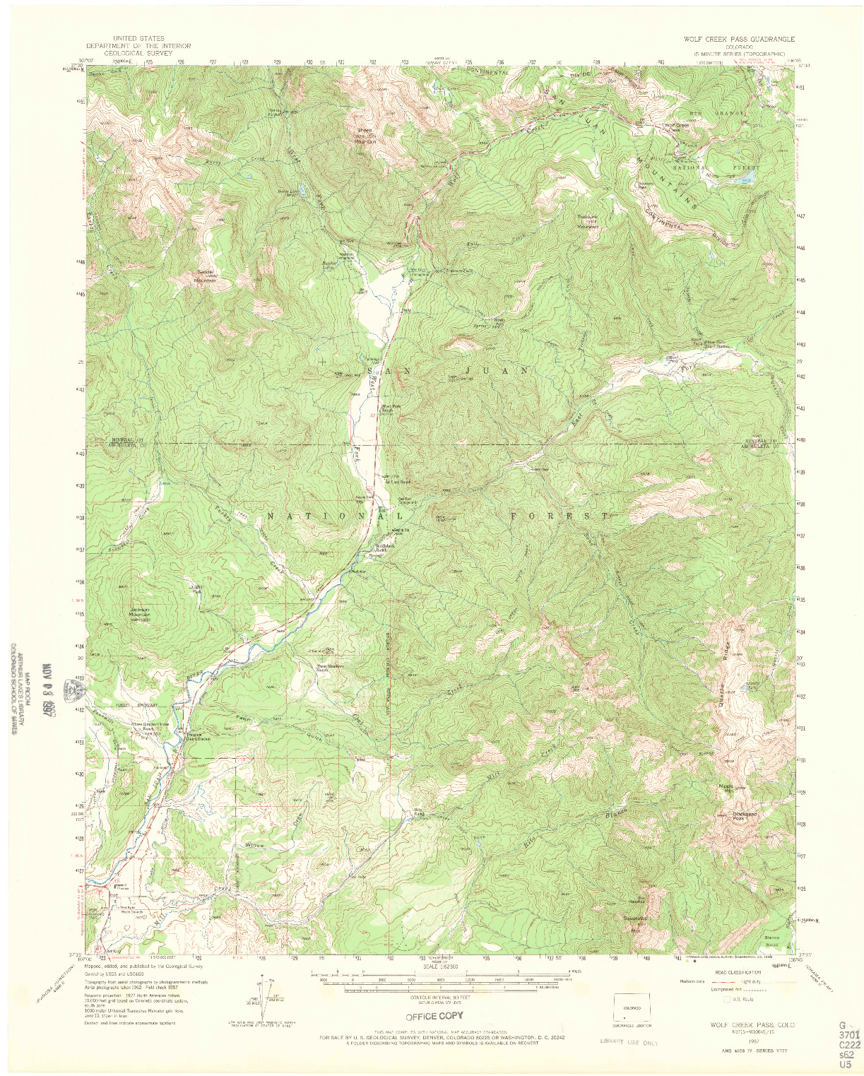 USGS 1:62500-SCALE QUADRANGLE FOR WOLF CREEK PASS, CO 1957