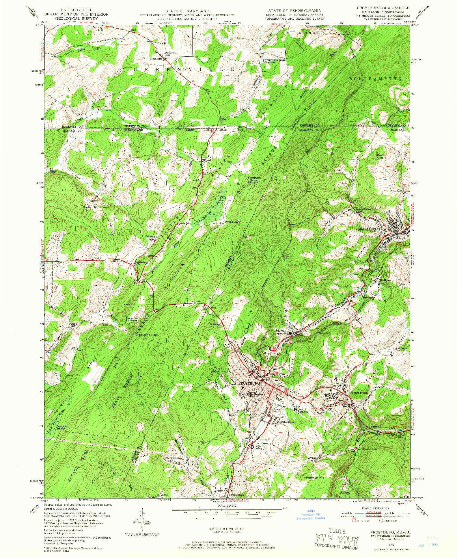 USGS 1:24000-SCALE QUADRANGLE FOR FROSTBURG, MD 1949