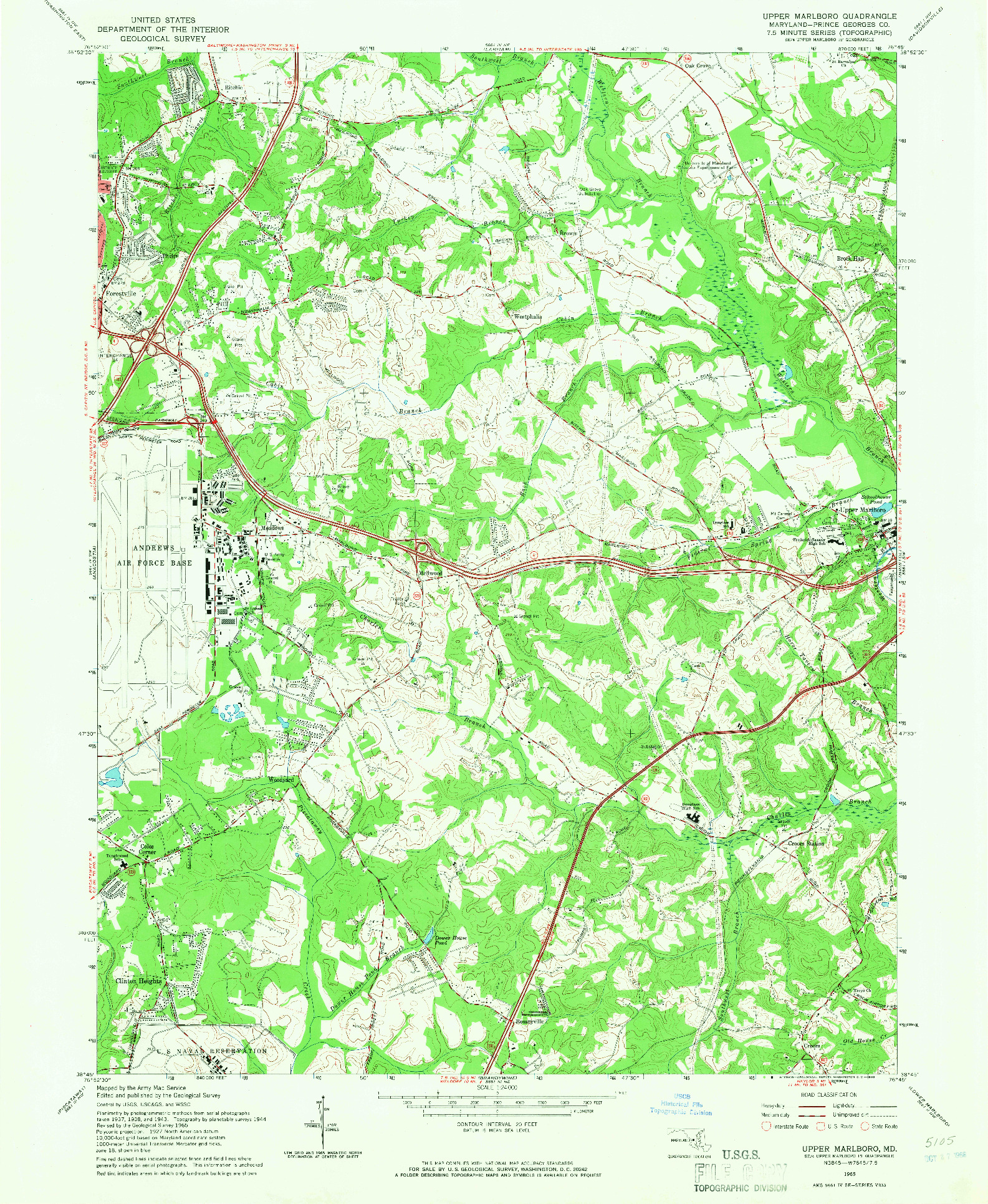 USGS 1:24000-SCALE QUADRANGLE FOR UPPER MARLBORO, MD 1965