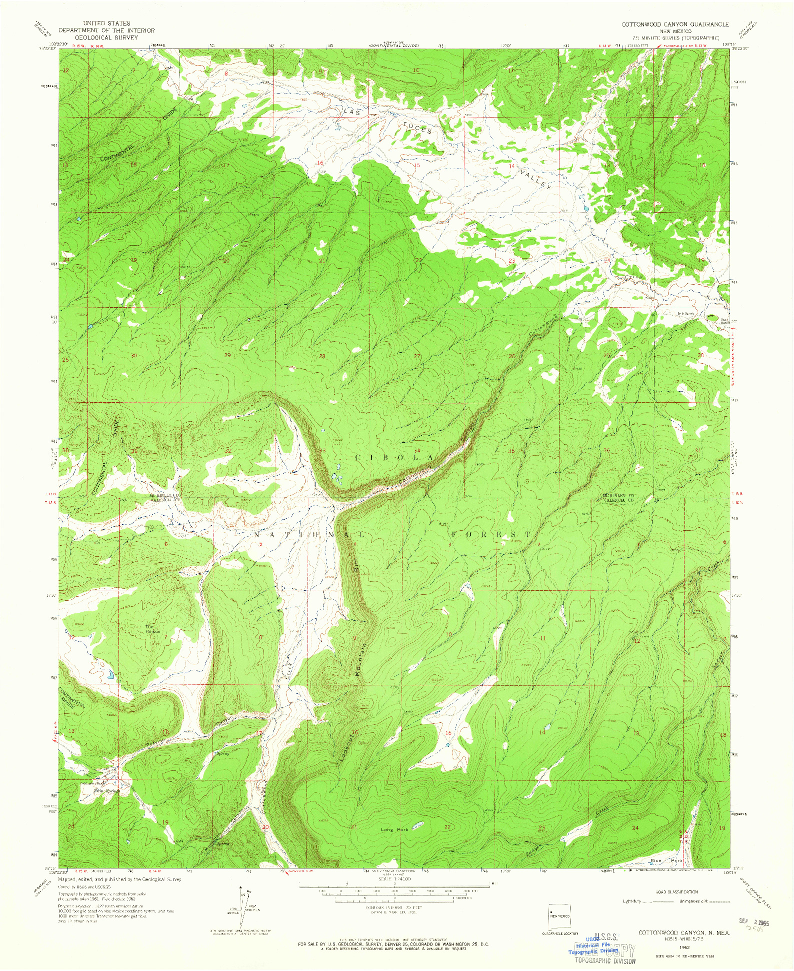 USGS 1:24000-SCALE QUADRANGLE FOR COTTONWOOD CANYON, NM 1962
