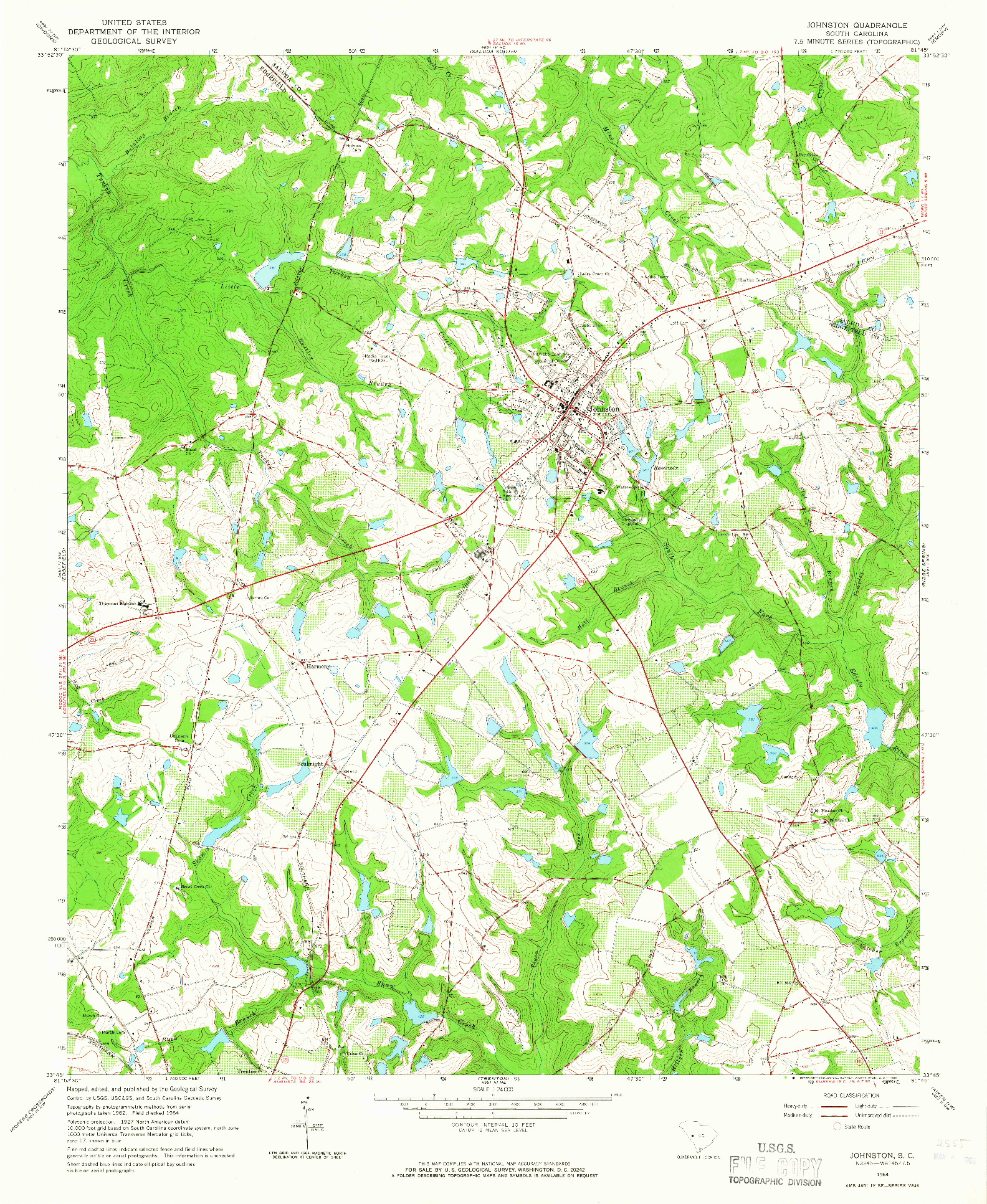 USGS 1:24000-SCALE QUADRANGLE FOR JOHNSTON, SC 1964