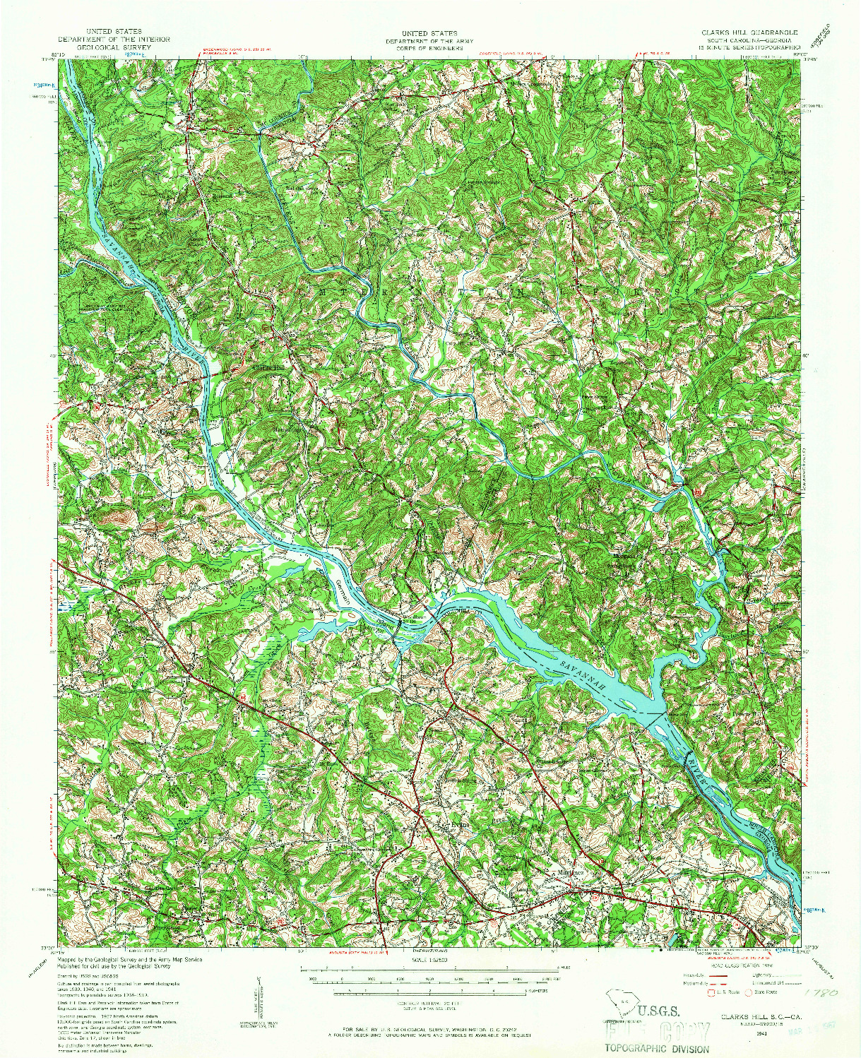 USGS 1:62500-SCALE QUADRANGLE FOR CLARKS HILL, SC 1941