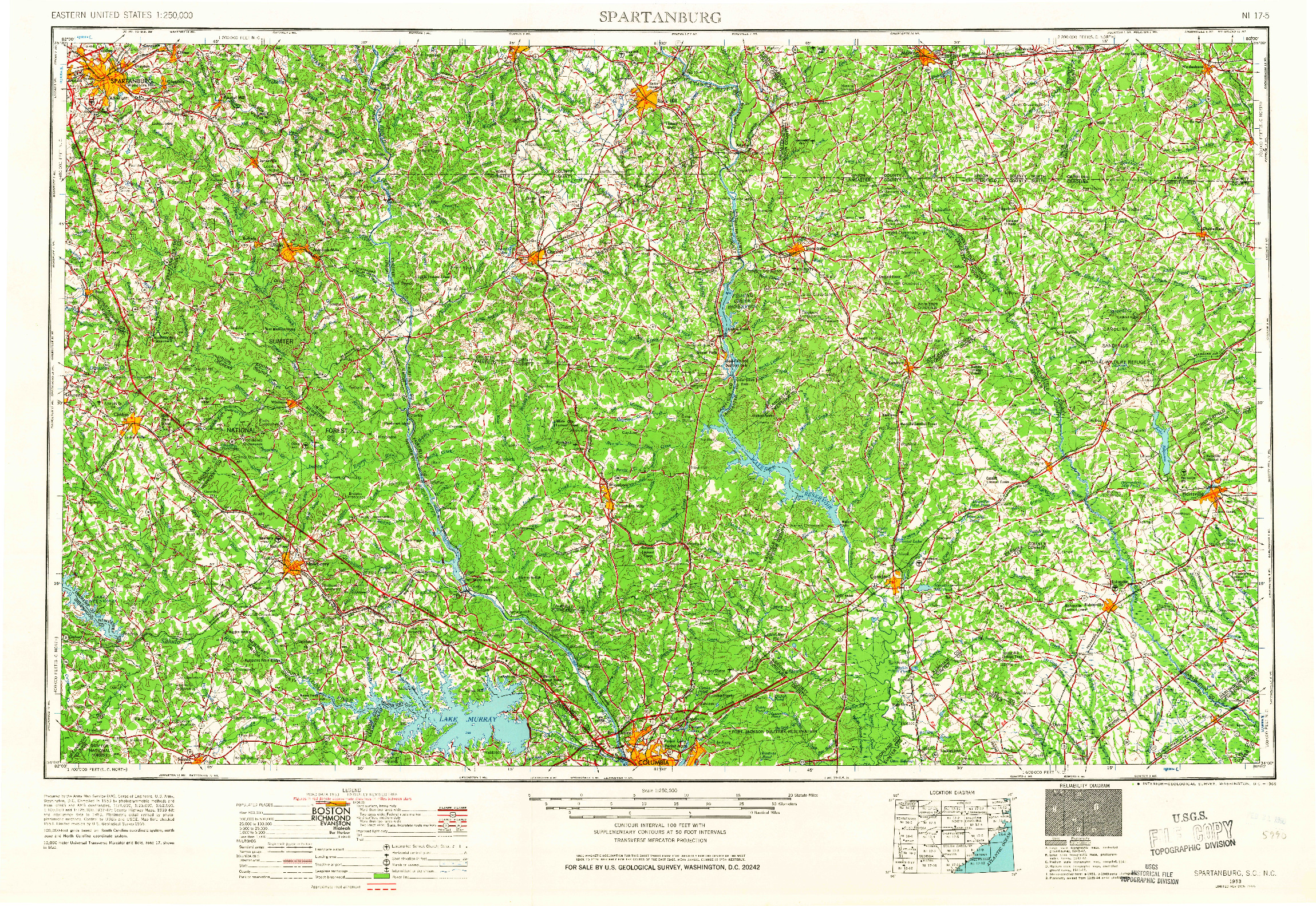 USGS 1:250000-SCALE QUADRANGLE FOR SPARTANBURG, SC 1953