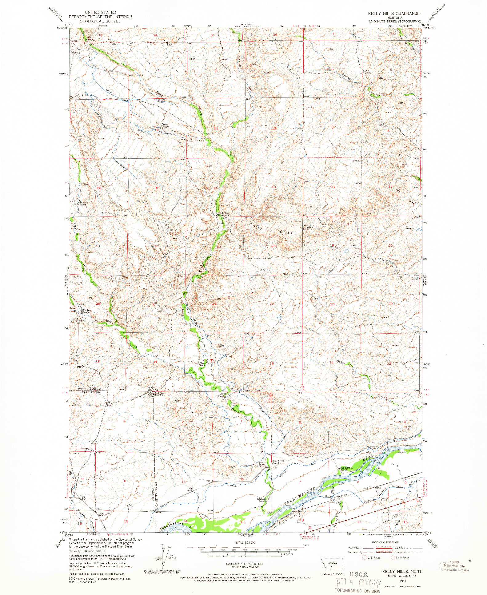 USGS 1:24000-SCALE QUADRANGLE FOR KELLY HILLS, MT 1951