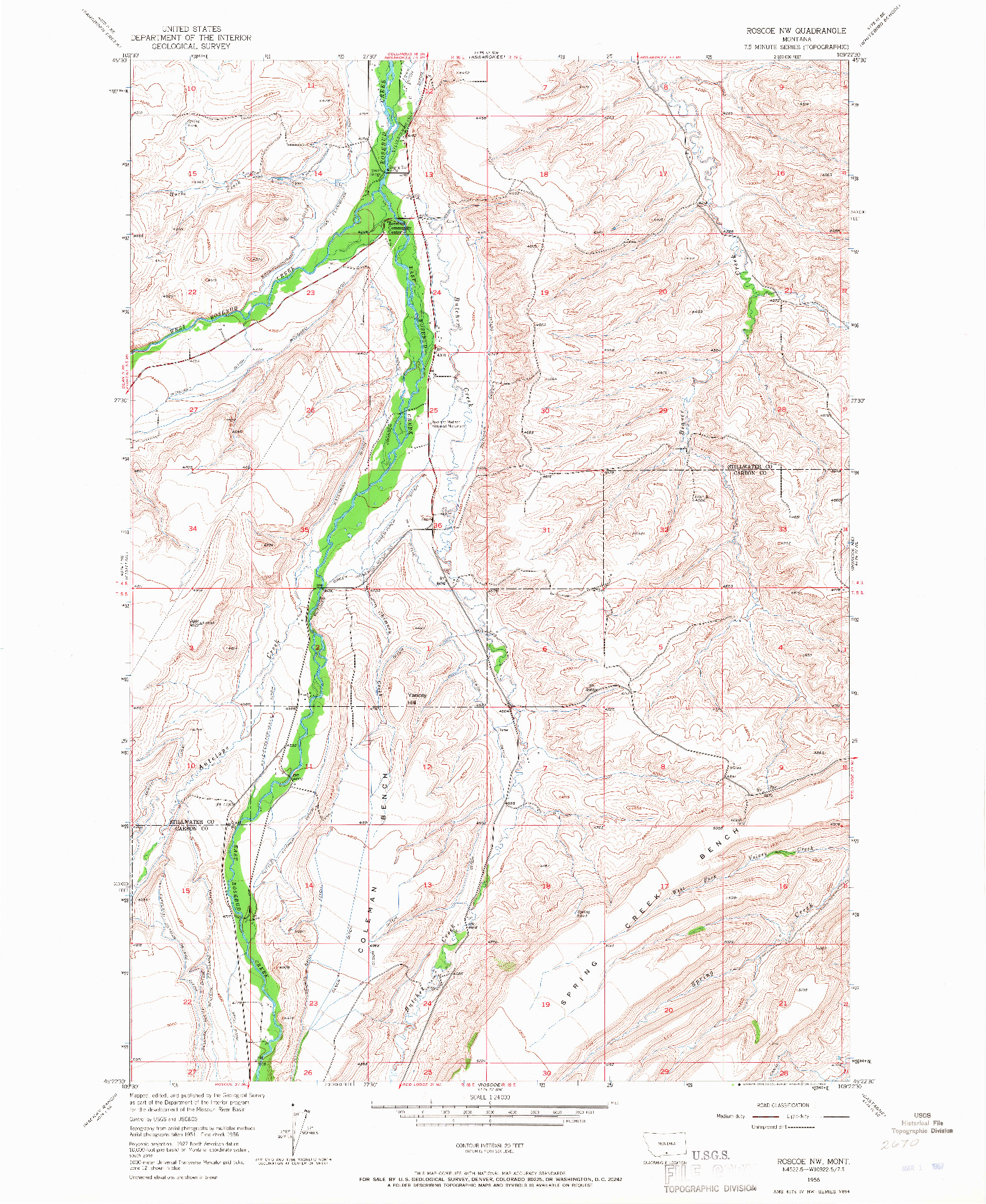 USGS 1:24000-SCALE QUADRANGLE FOR ROSCOE NW, MT 1956