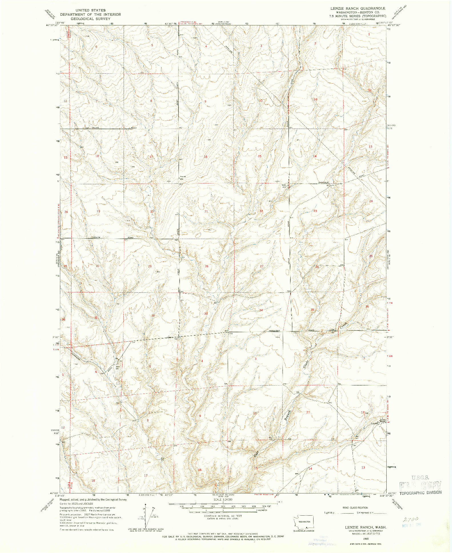 USGS 1:24000-SCALE QUADRANGLE FOR LENZIE RANCH, WA 1965