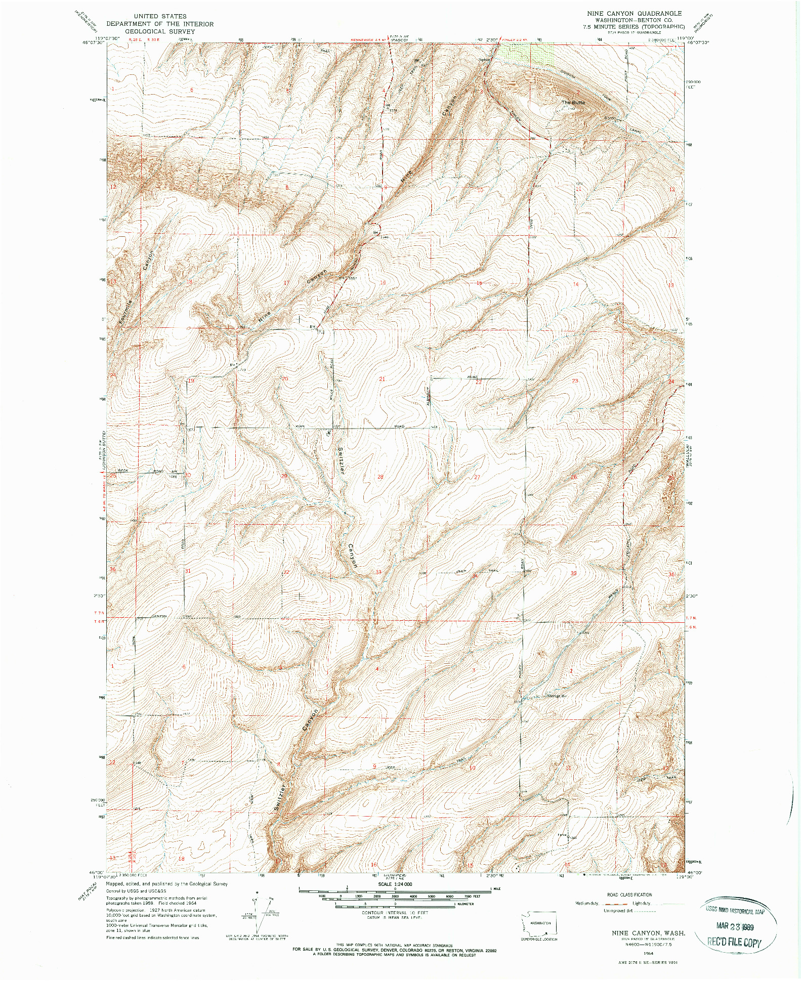 USGS 1:24000-SCALE QUADRANGLE FOR NINE CANYON, WA 1964