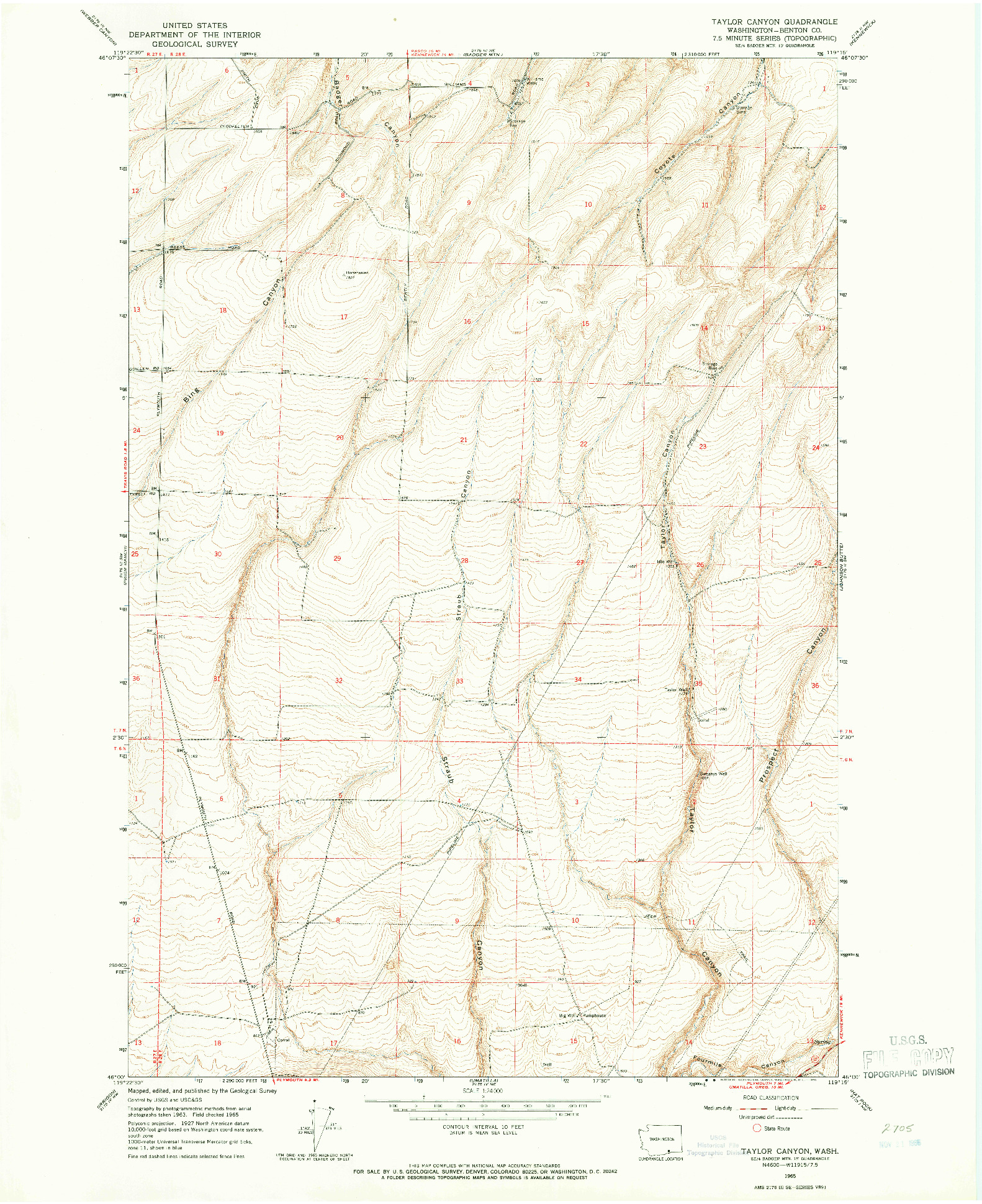 USGS 1:24000-SCALE QUADRANGLE FOR TAYLOR CANYON, WA 1965