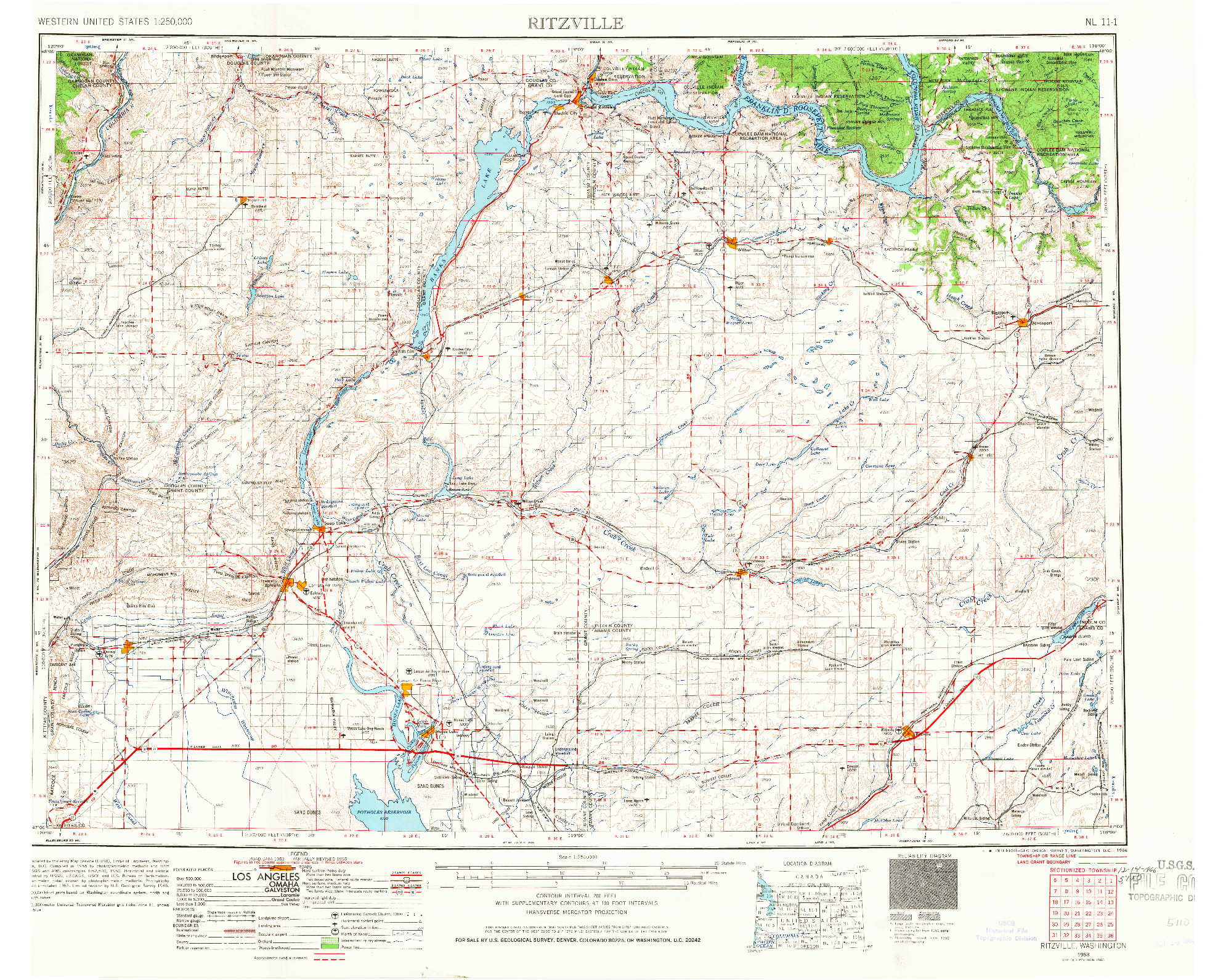 USGS 1:250000-SCALE QUADRANGLE FOR RITZVILLE, WA 1953