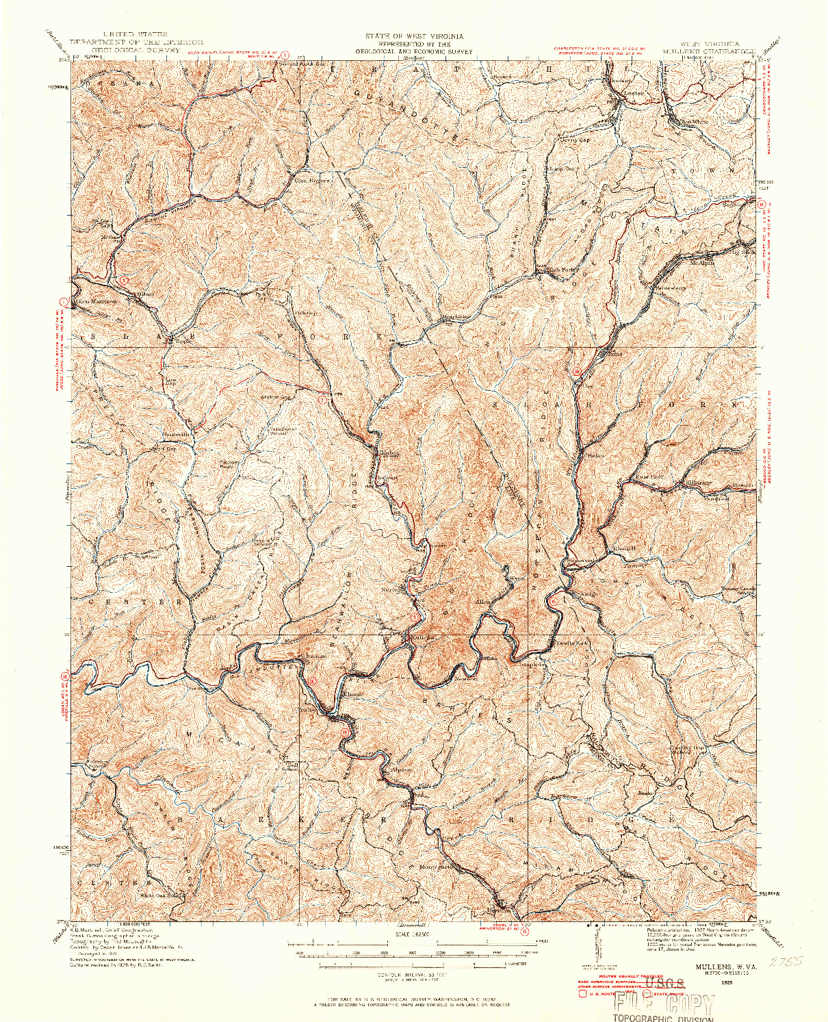 USGS 1:62500-SCALE QUADRANGLE FOR MULLENS, WV 1925