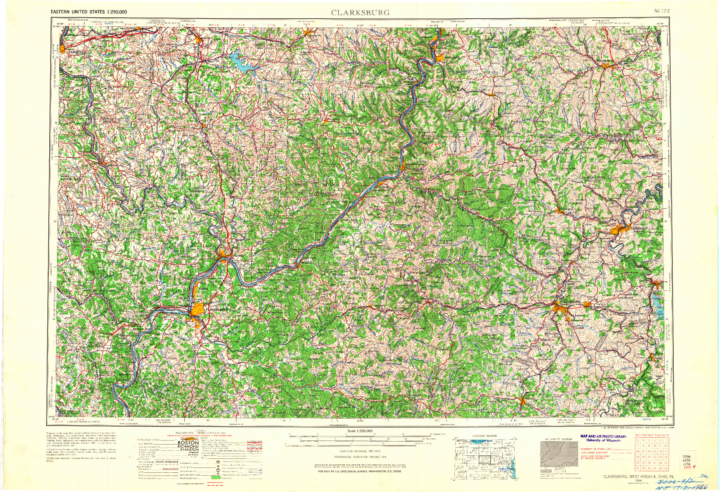 USGS 1:250000-SCALE QUADRANGLE FOR CLARKSBURG, WV 1956