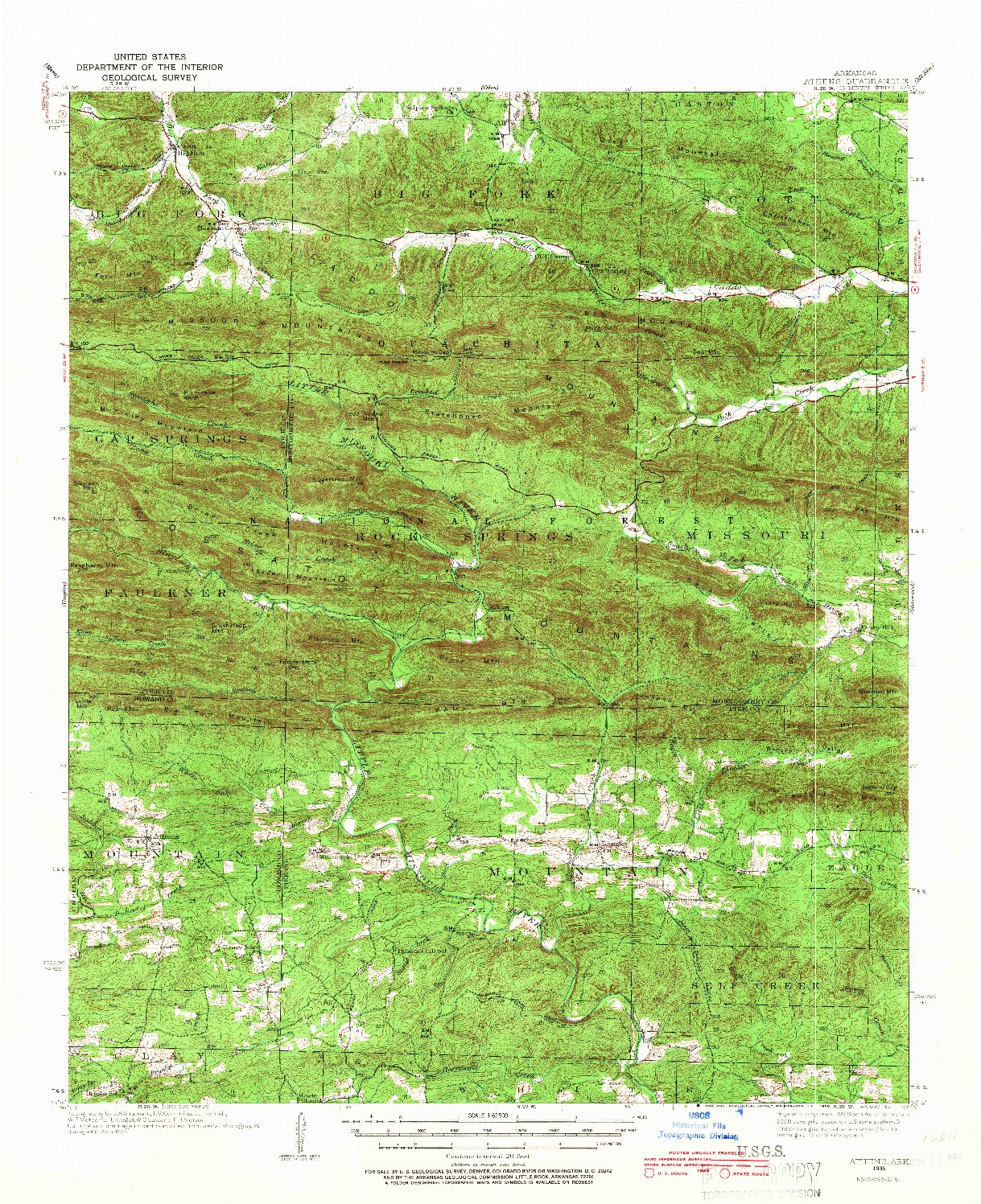 USGS 1:62500-SCALE QUADRANGLE FOR ATHENS, AR 1936