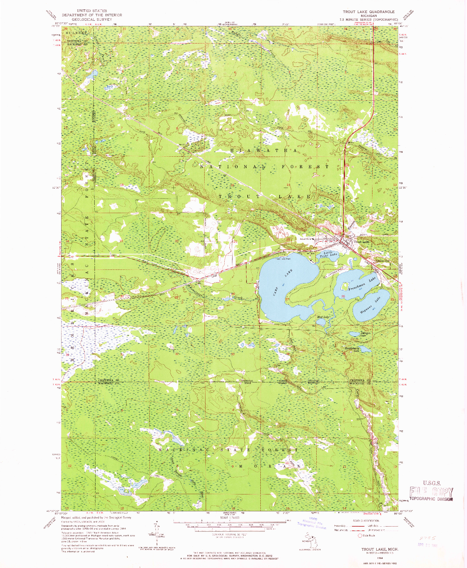 USGS 1:24000-SCALE QUADRANGLE FOR TROUT LAKE, MI 1964