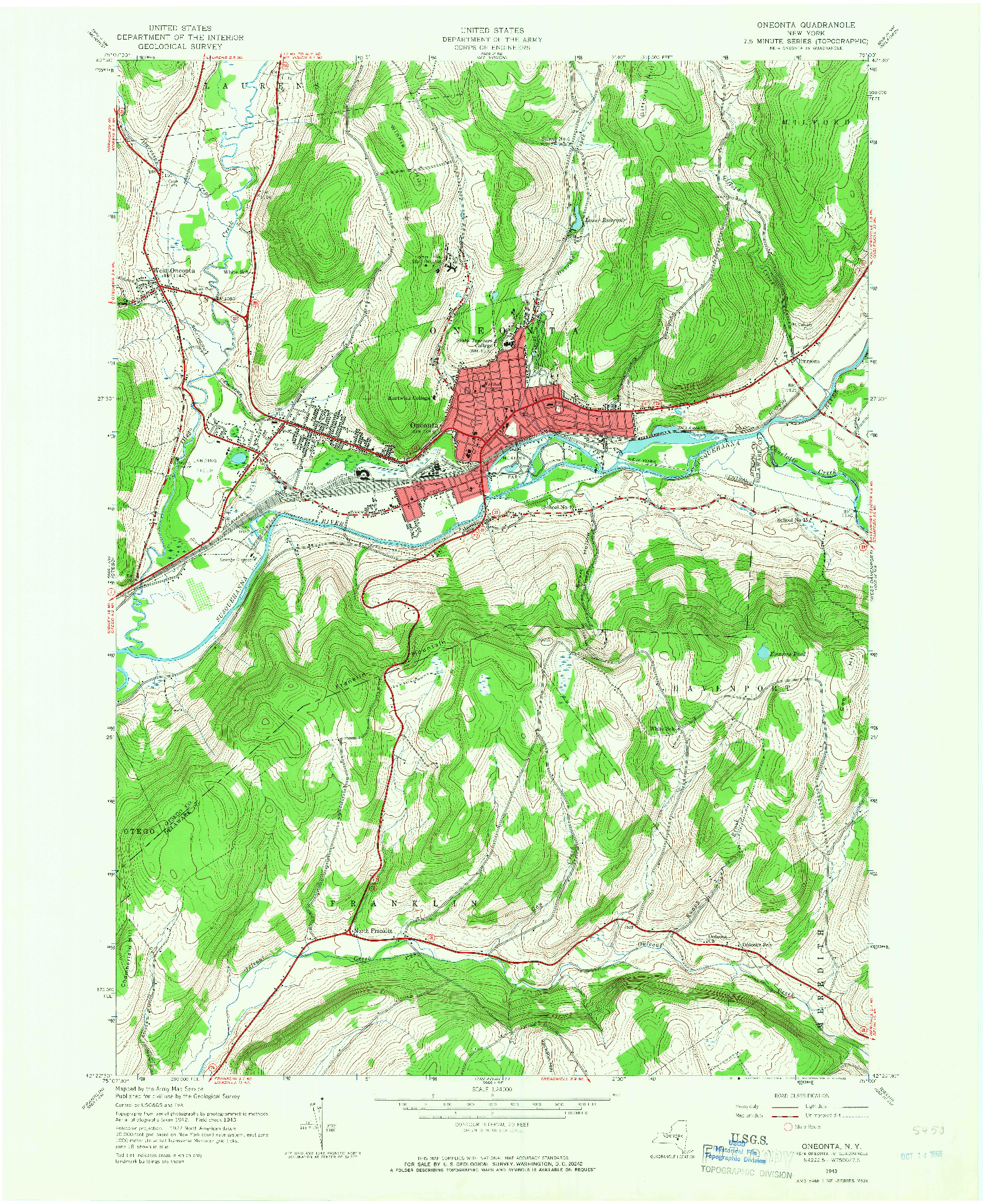 USGS 1:24000-SCALE QUADRANGLE FOR ONEONTA, NY 1943