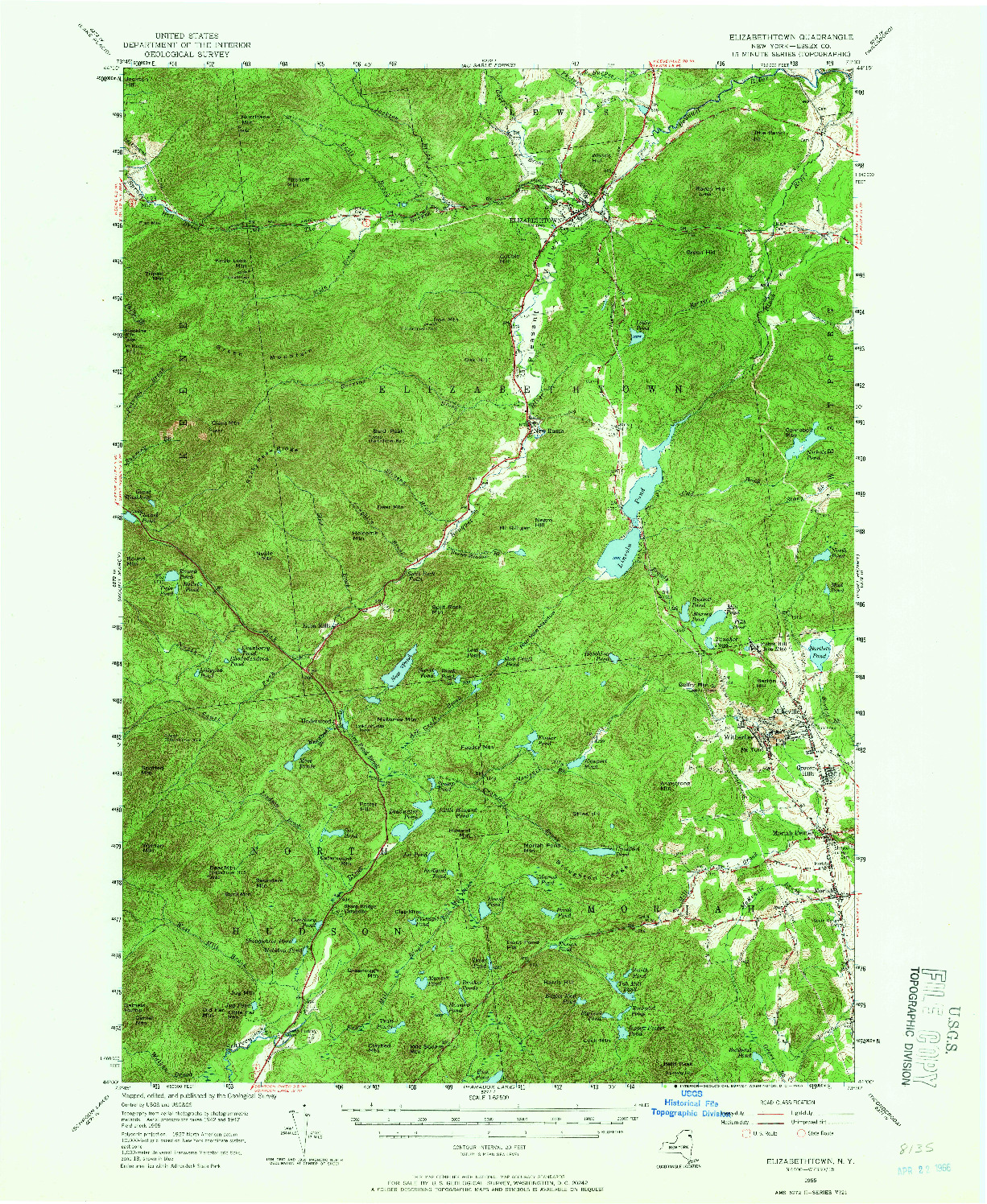 USGS 1:62500-SCALE QUADRANGLE FOR ELIZABETHTOWN, NY 1955