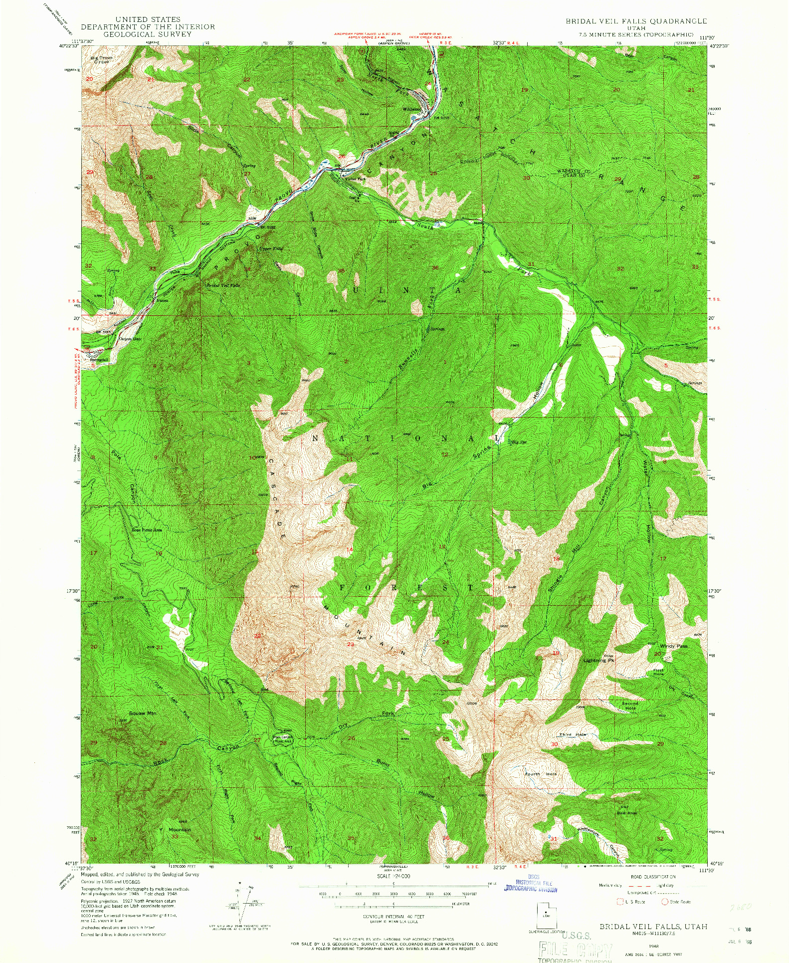 USGS 1:24000-SCALE QUADRANGLE FOR BRIDAL VEIL FALLS, UT 1948