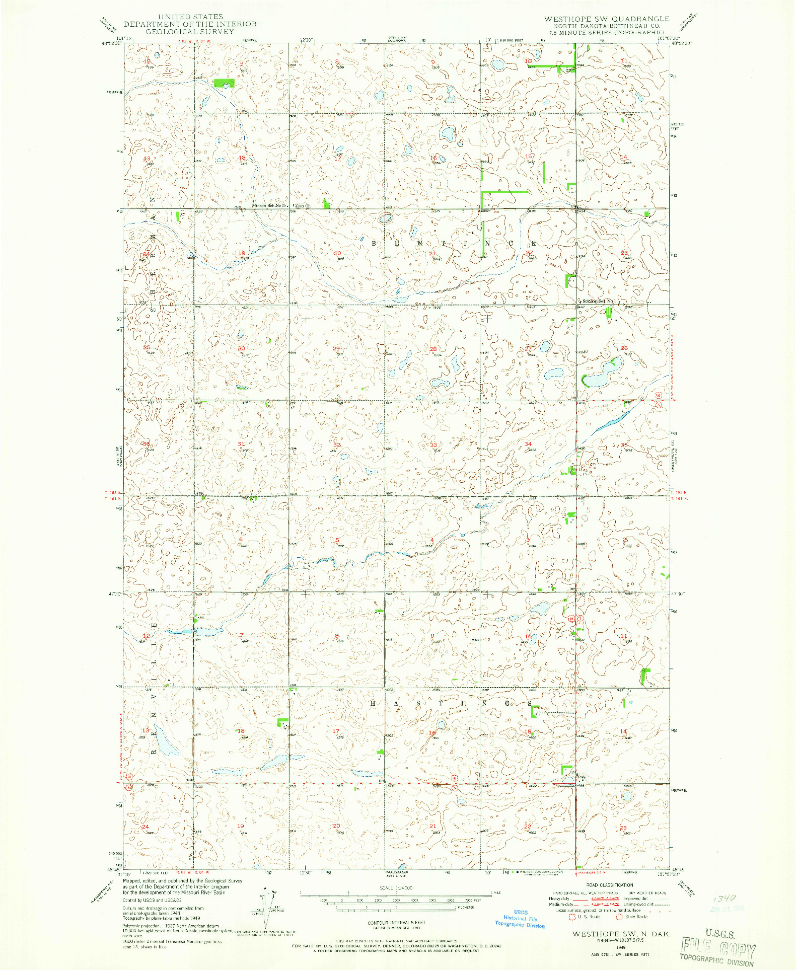 USGS 1:24000-SCALE QUADRANGLE FOR WESTHOPE SW, ND 1949