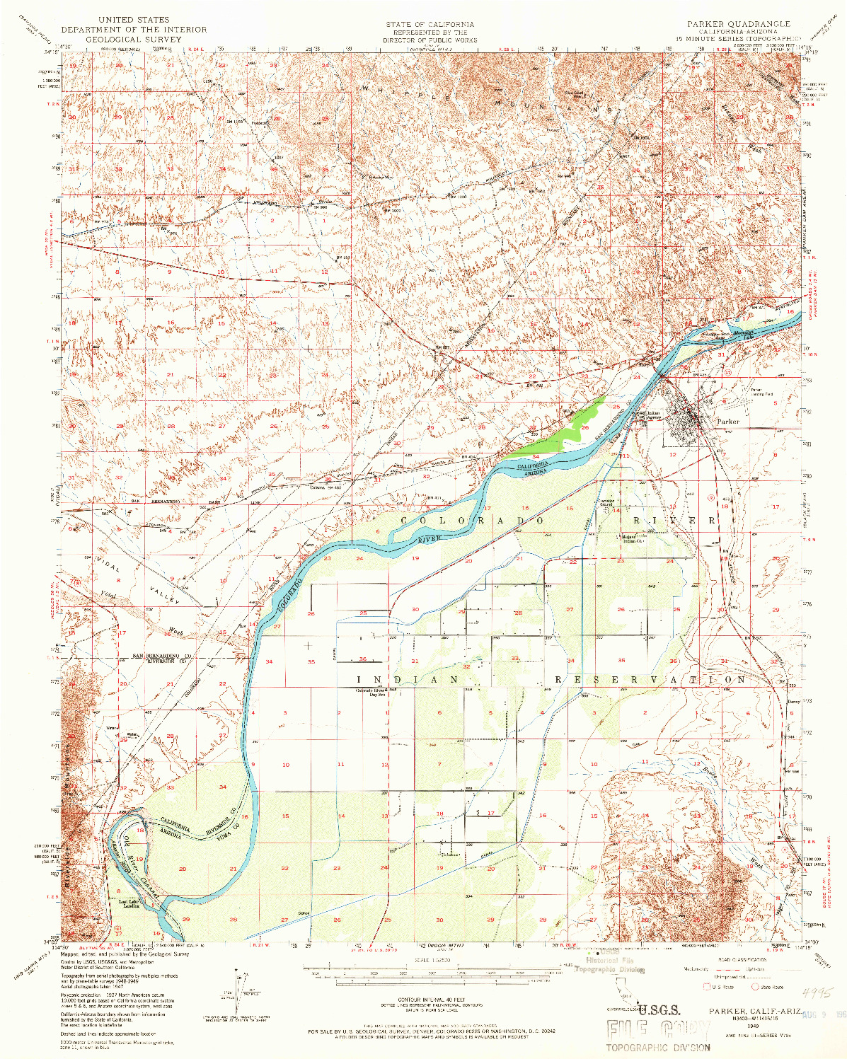 USGS 1:62500-SCALE QUADRANGLE FOR PARKER, CA 1949