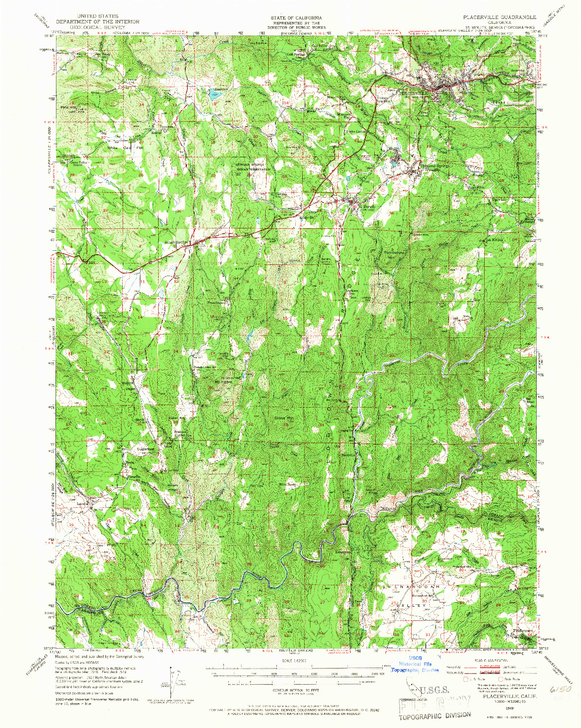 USGS 1:62500-SCALE QUADRANGLE FOR PLACERVILLE, CA 1949