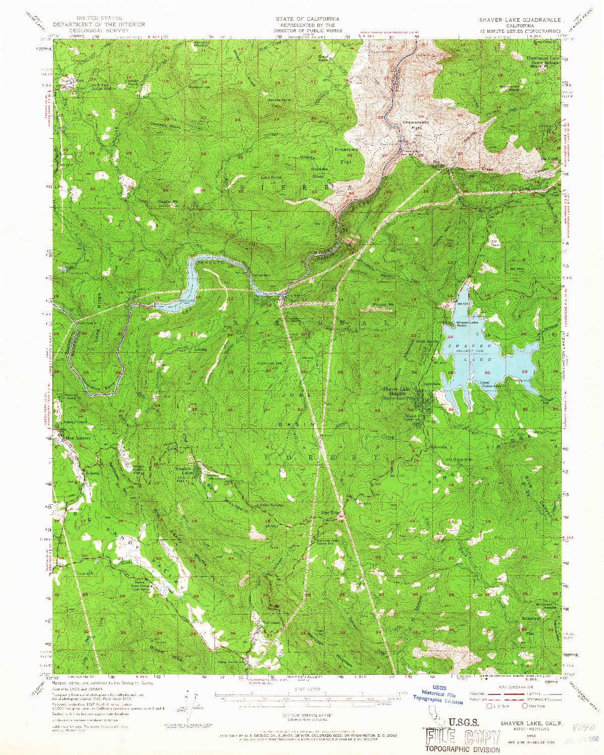 USGS 1:62500-SCALE QUADRANGLE FOR SHAVER LAKE, CA 1953