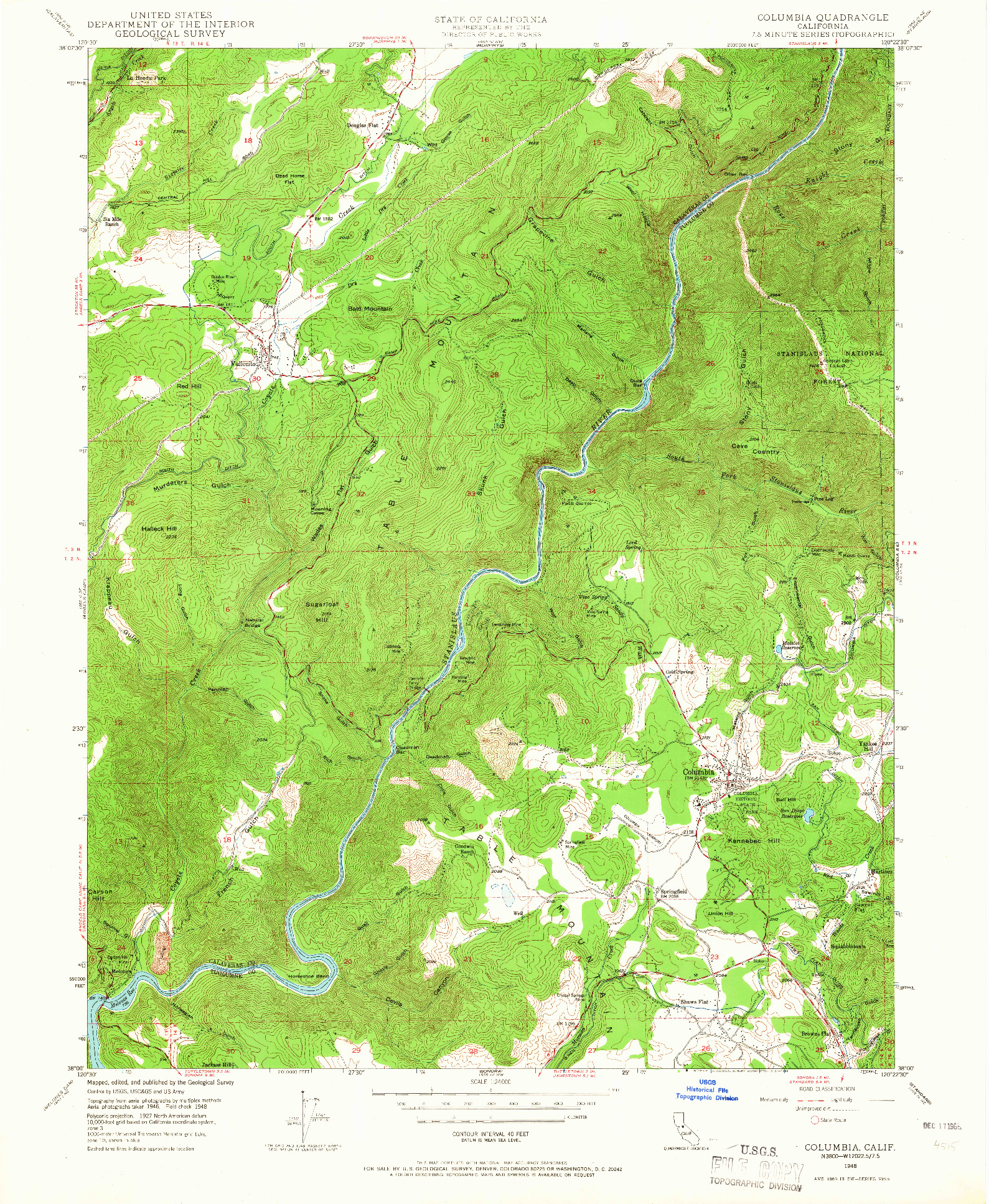 USGS 1:24000-SCALE QUADRANGLE FOR COLUMBIA, CA 1948