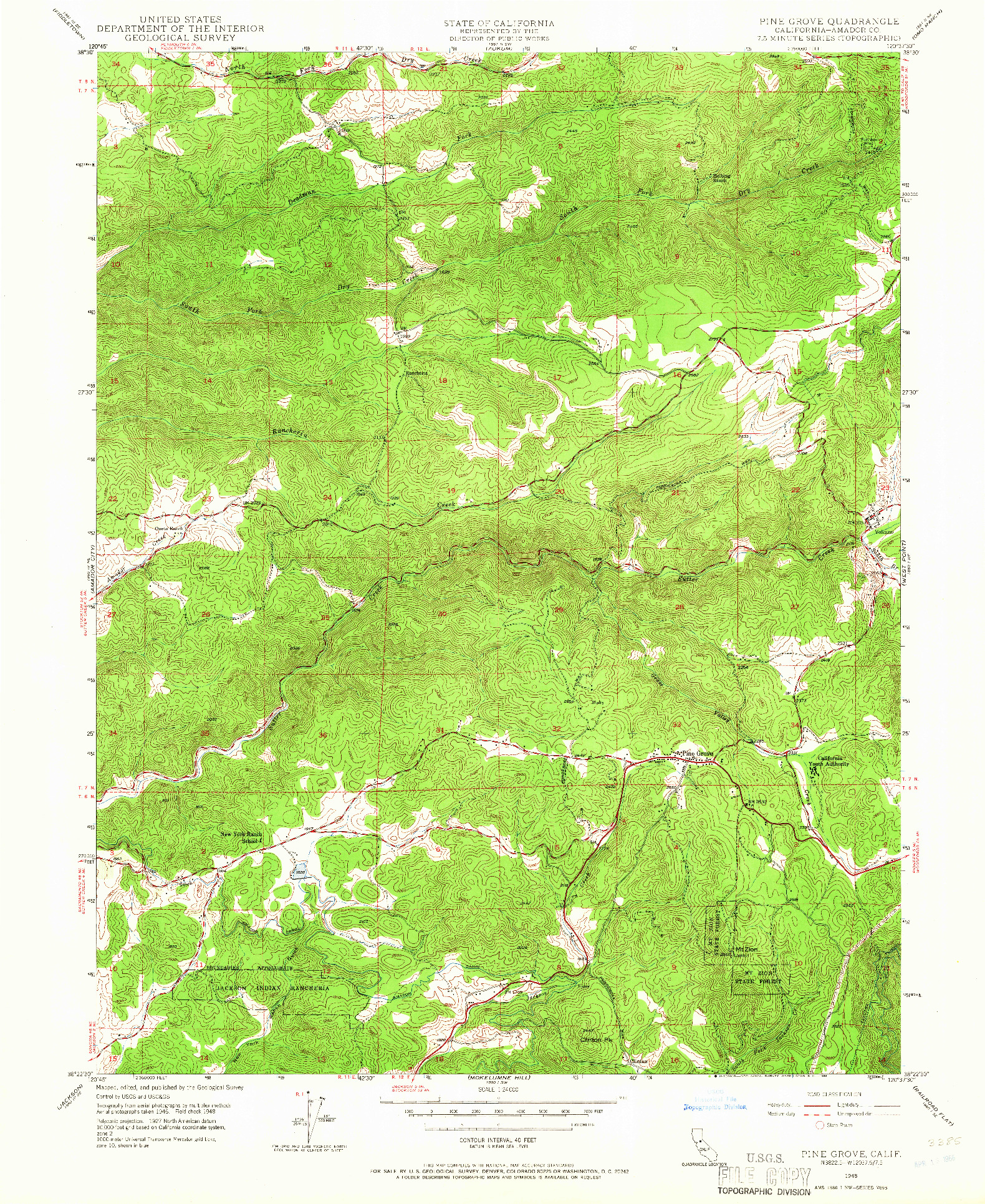 USGS 1:24000-SCALE QUADRANGLE FOR PINE GROVE, CA 1948