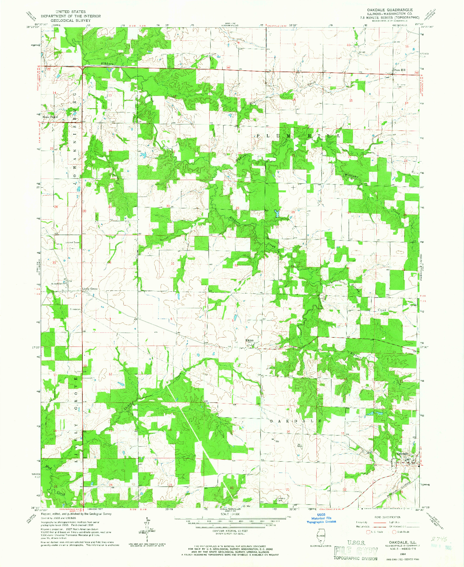 USGS 1:24000-SCALE QUADRANGLE FOR OAKDALE, IL 1964