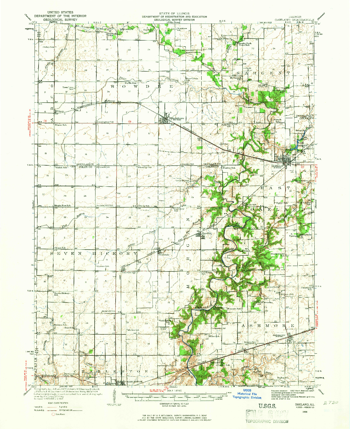 USGS 1:62500-SCALE QUADRANGLE FOR OAKLAND, IL 1936
