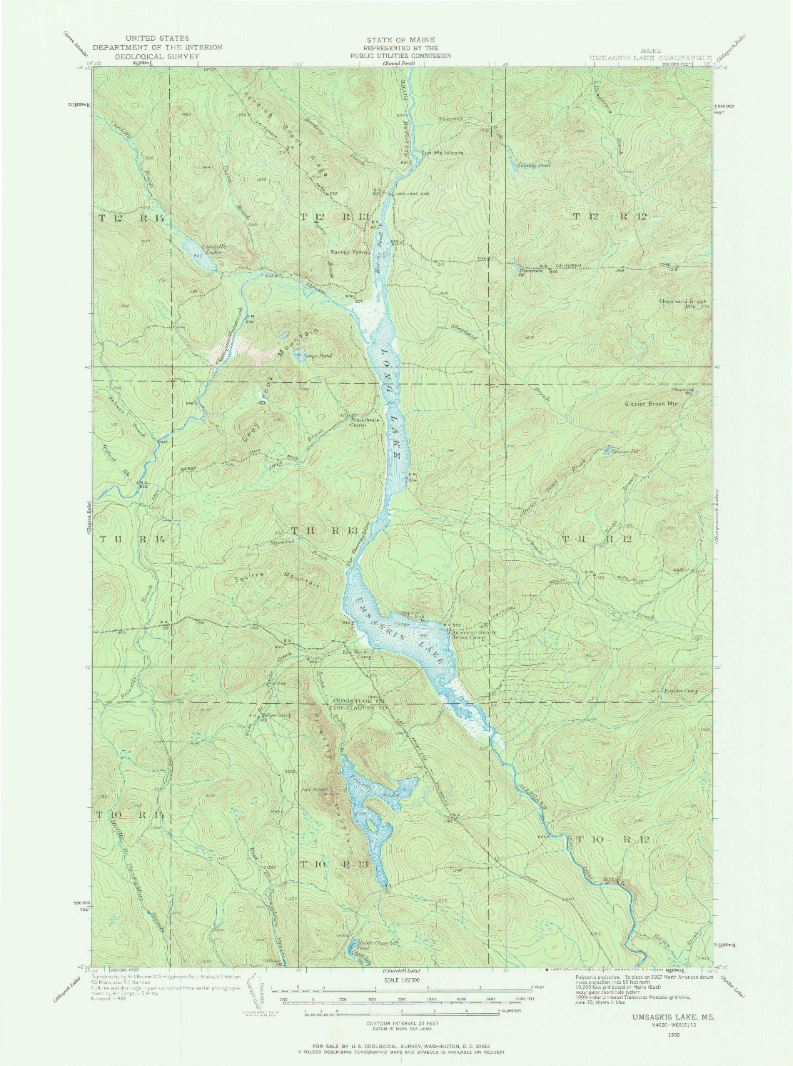 USGS 1:62500-SCALE QUADRANGLE FOR UMSASKIS LAKE, ME 1932