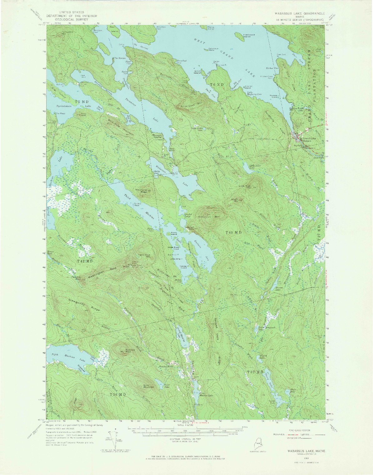 USGS 1:62500-SCALE QUADRANGLE FOR WABASSUS LAKE, ME 1963