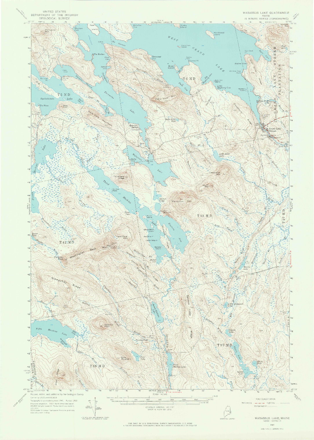 USGS 1:62500-SCALE QUADRANGLE FOR WABASSUS LAKE, ME 1963