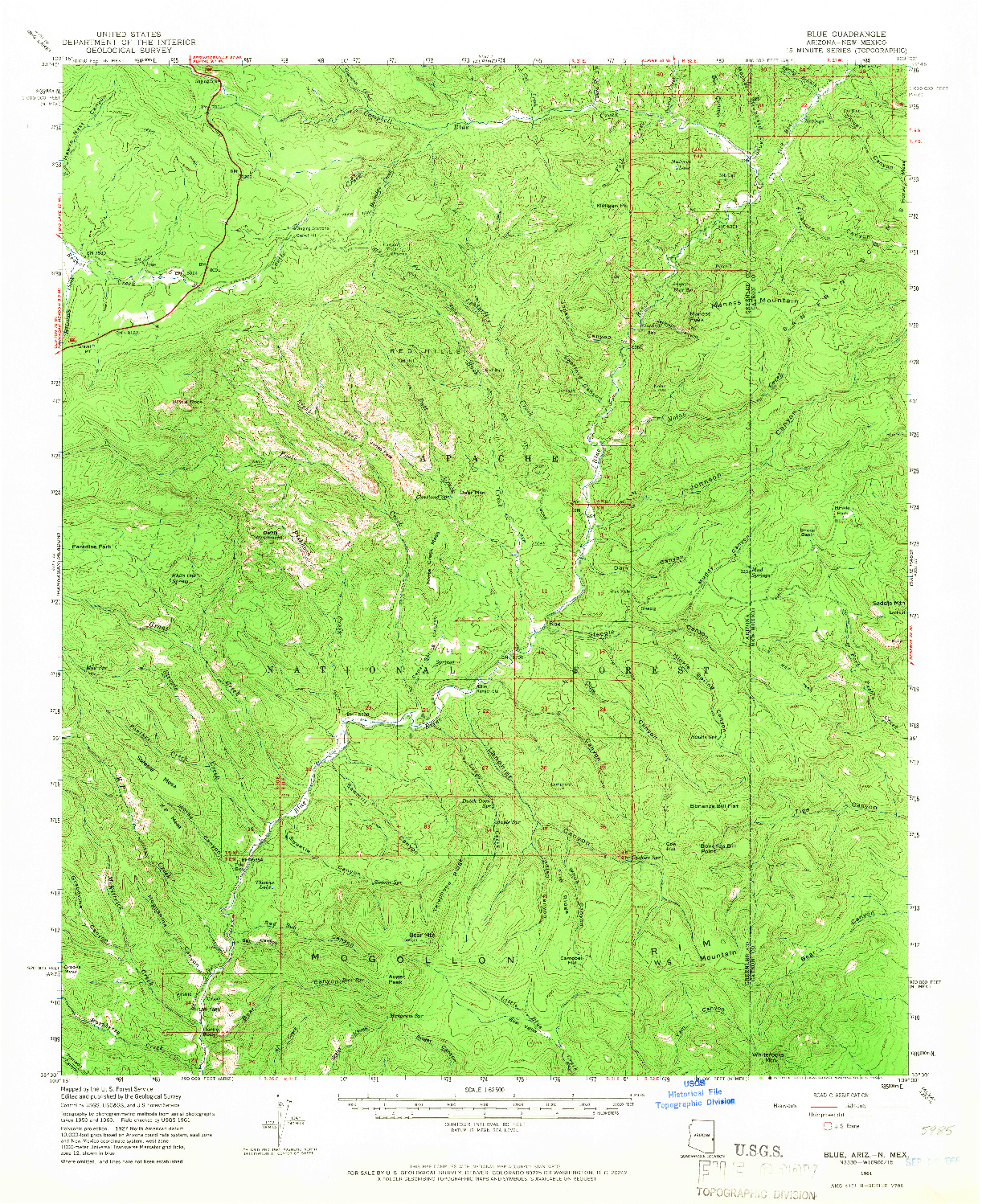 USGS 1:62500-SCALE QUADRANGLE FOR BLUE, AZ 1961