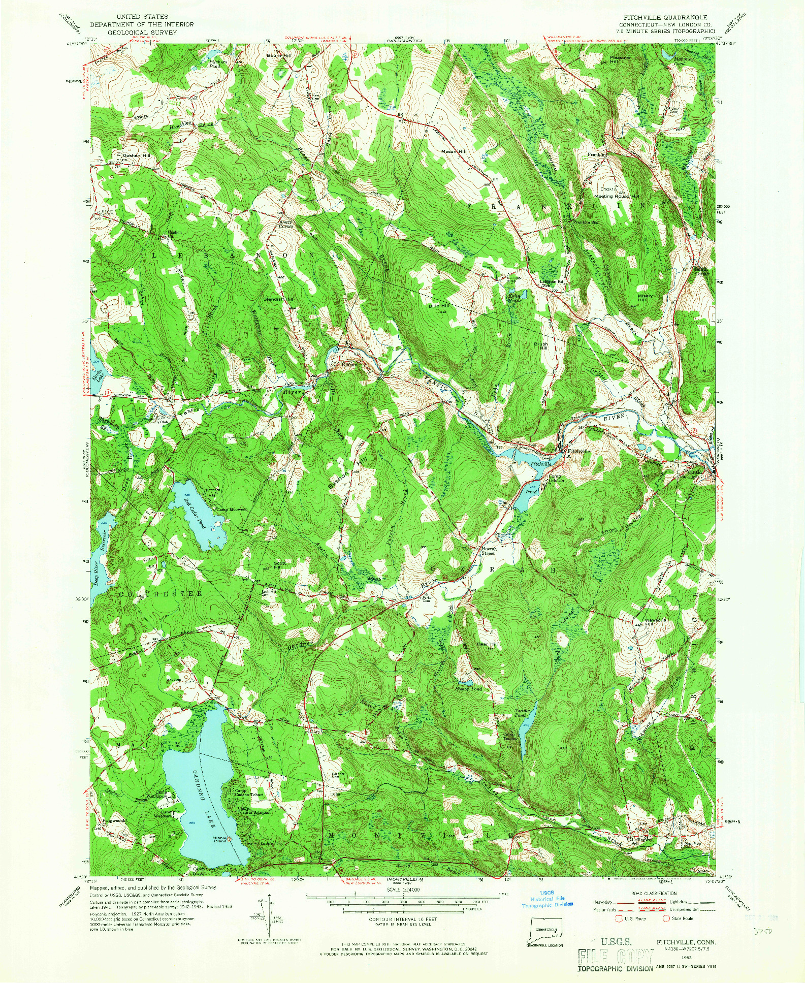 USGS 1:24000-SCALE QUADRANGLE FOR FITCHVILLE, CT 1953