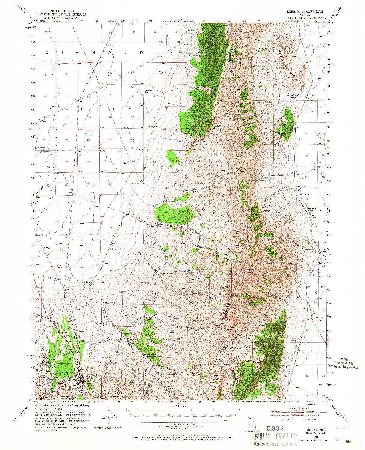 USGS 1:62500-SCALE QUADRANGLE FOR EUREKA, NV 1953