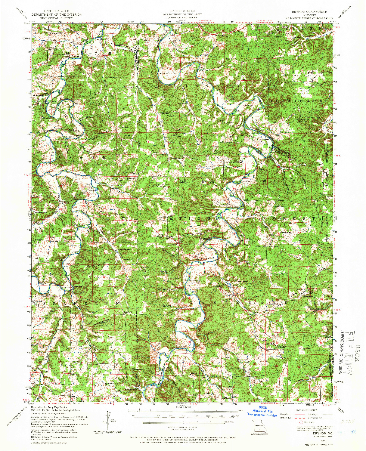 USGS 1:62500-SCALE QUADRANGLE FOR DRYNOB, MO 1954