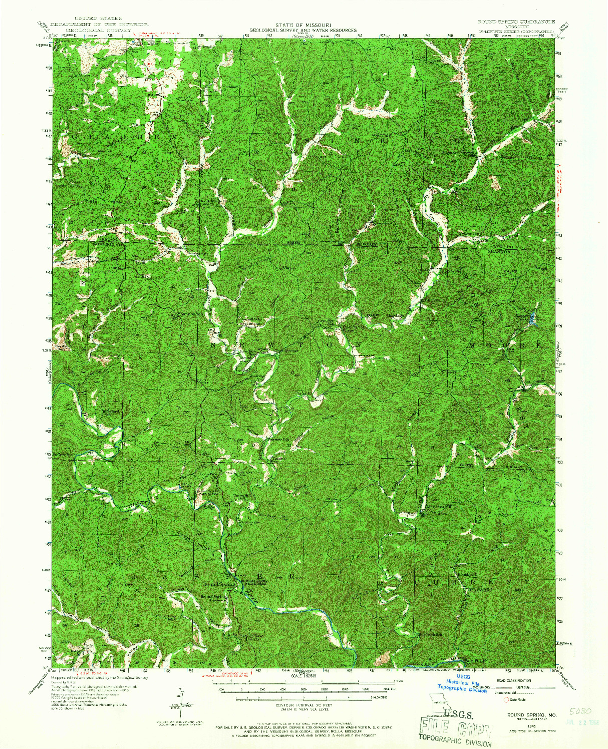 USGS 1:62500-SCALE QUADRANGLE FOR ROUND SPRING, MO 1945