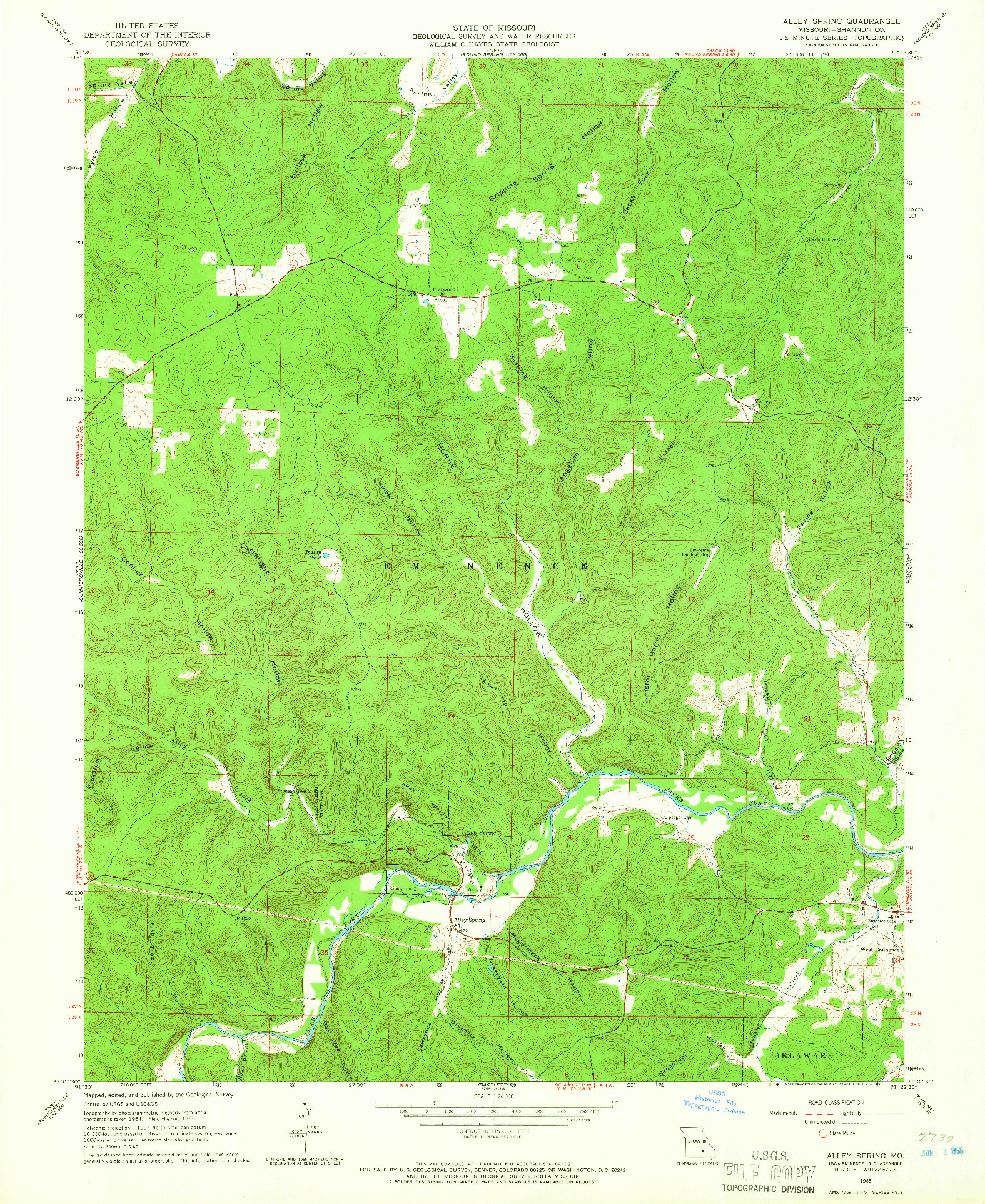 USGS 1:24000-SCALE QUADRANGLE FOR ALLEY SPRING, MO 1965