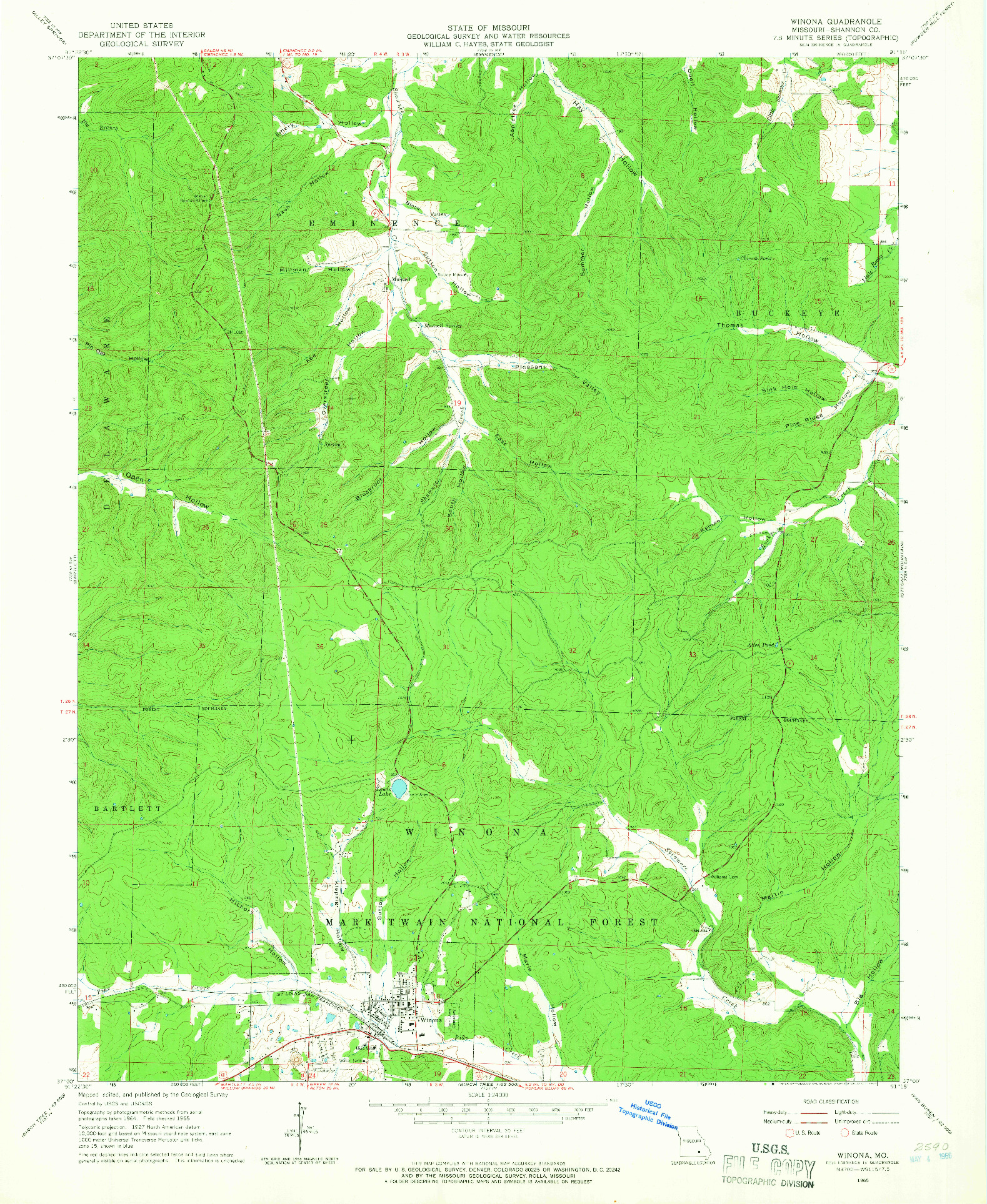 USGS 1:24000-SCALE QUADRANGLE FOR WINONA, MO 1965